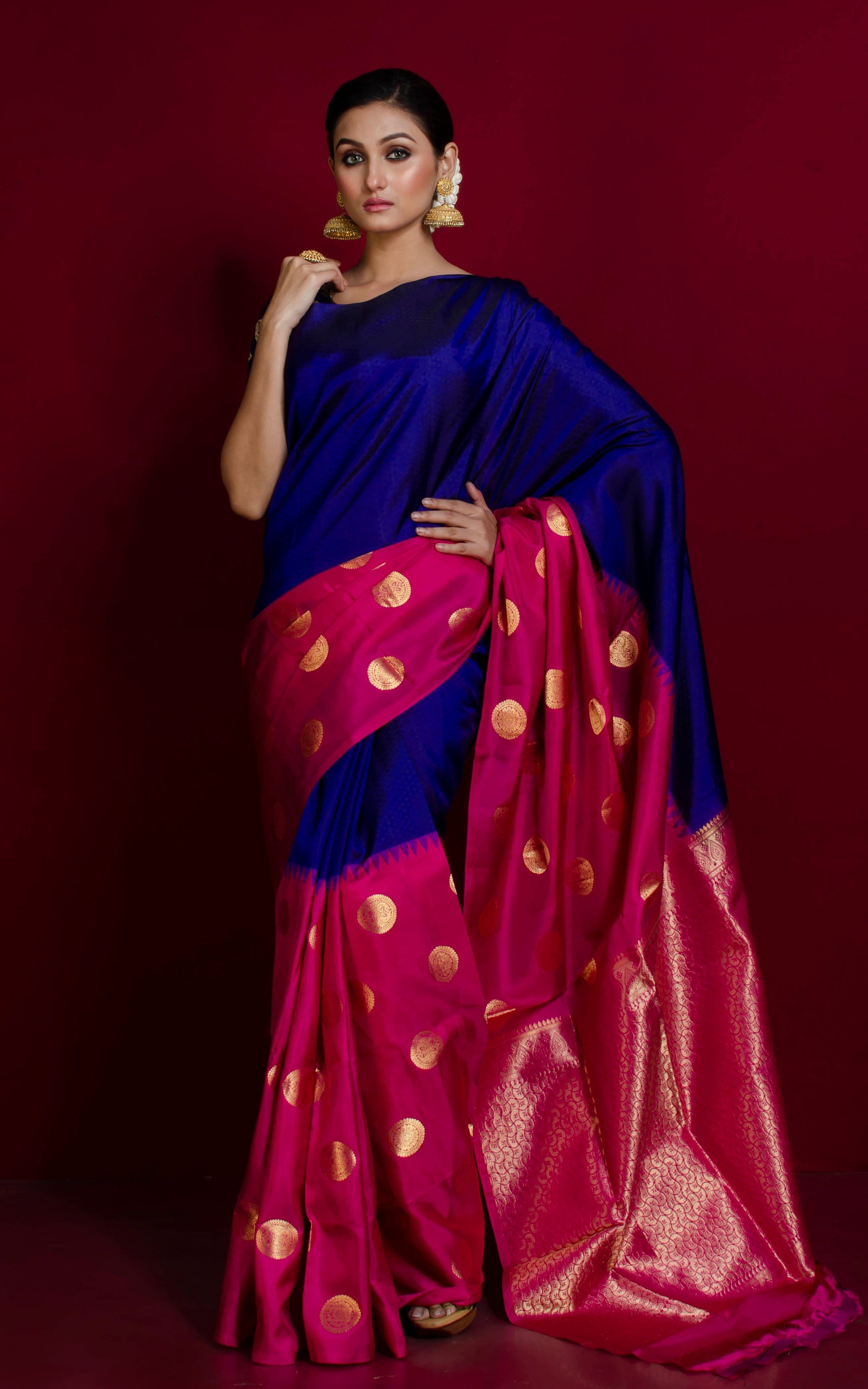 Handwoven Skirt Nakshi Polka Work Kanjivaram Silk Saree in Navy Blue, Red Violet and Gold