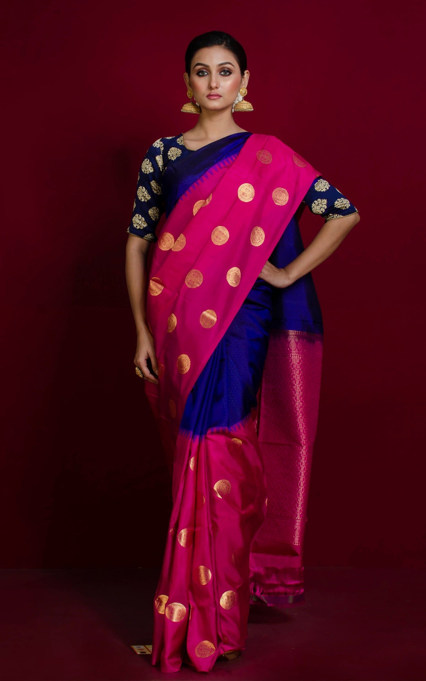 Handwoven Skirt Nakshi Polka Work Kanjivaram Silk Saree in Navy Blue, Red Violet and Gold