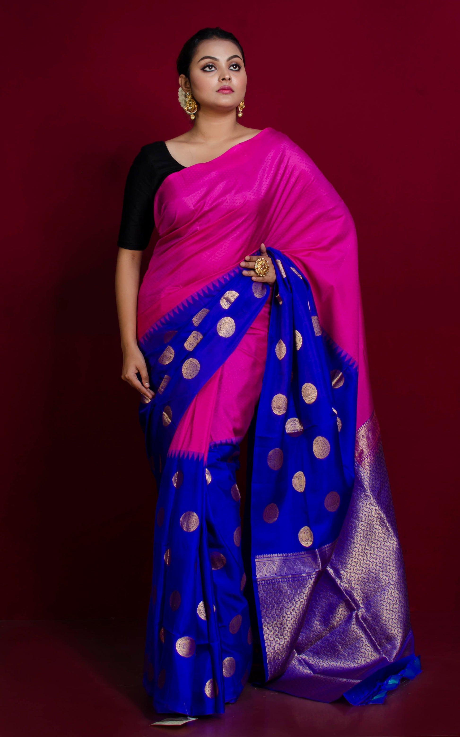 Handwoven Skirt Nakshi Polka Work Kanjivaram Silk Saree in Hot Pink, Royal Blue and Gold