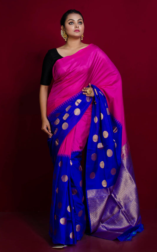 Handwoven Skirt Nakshi Polka Work Kanjivaram Silk Saree in Hot Pink, Royal Blue and Gold