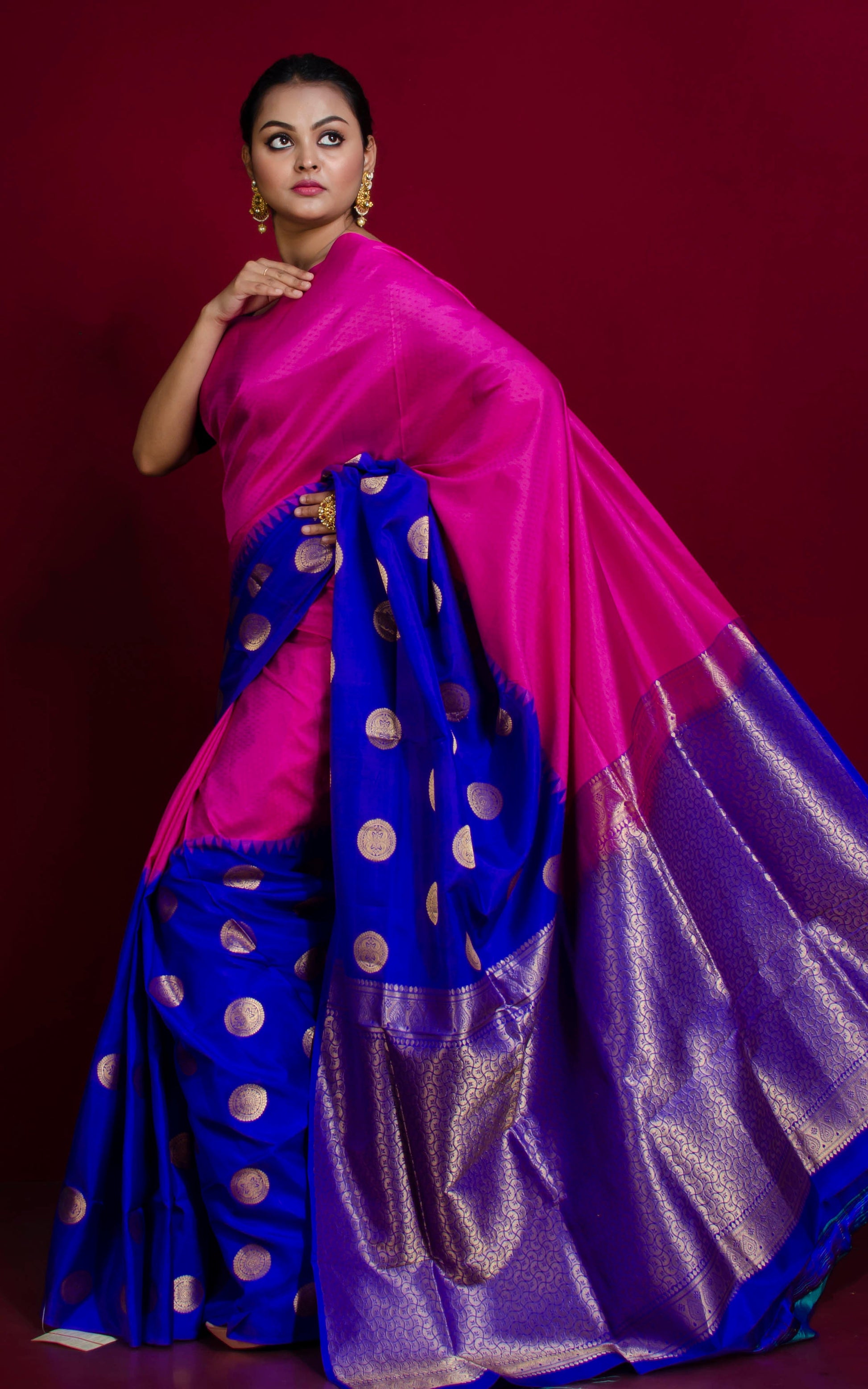 Handwoven Skirt Nakshi Polka Work Kanjivaram Silk Saree in Hot Pink, Royal Blue and Gold