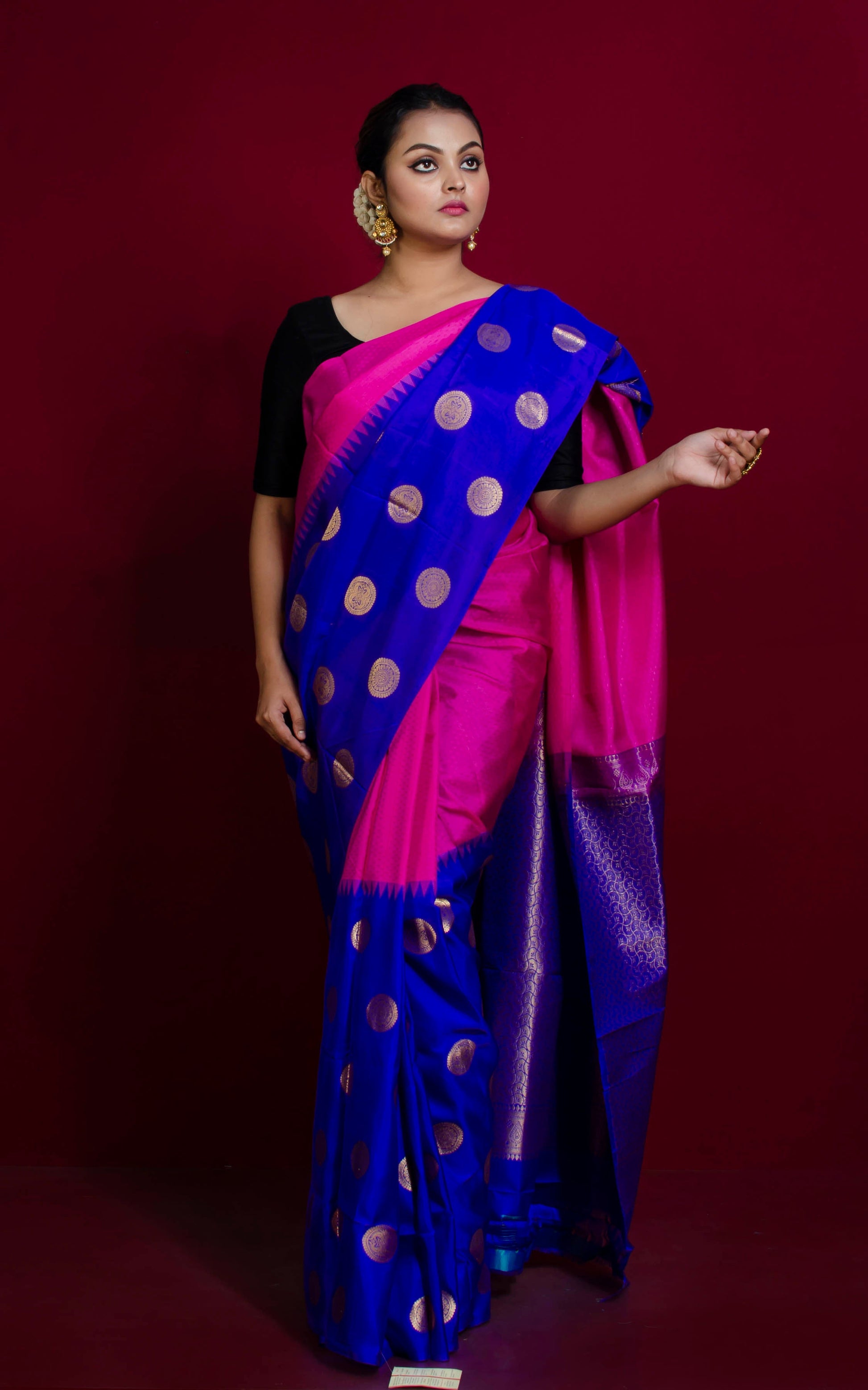 Handwoven Skirt Nakshi Polka Work Kanjivaram Silk Saree in Hot Pink, Royal Blue and Gold