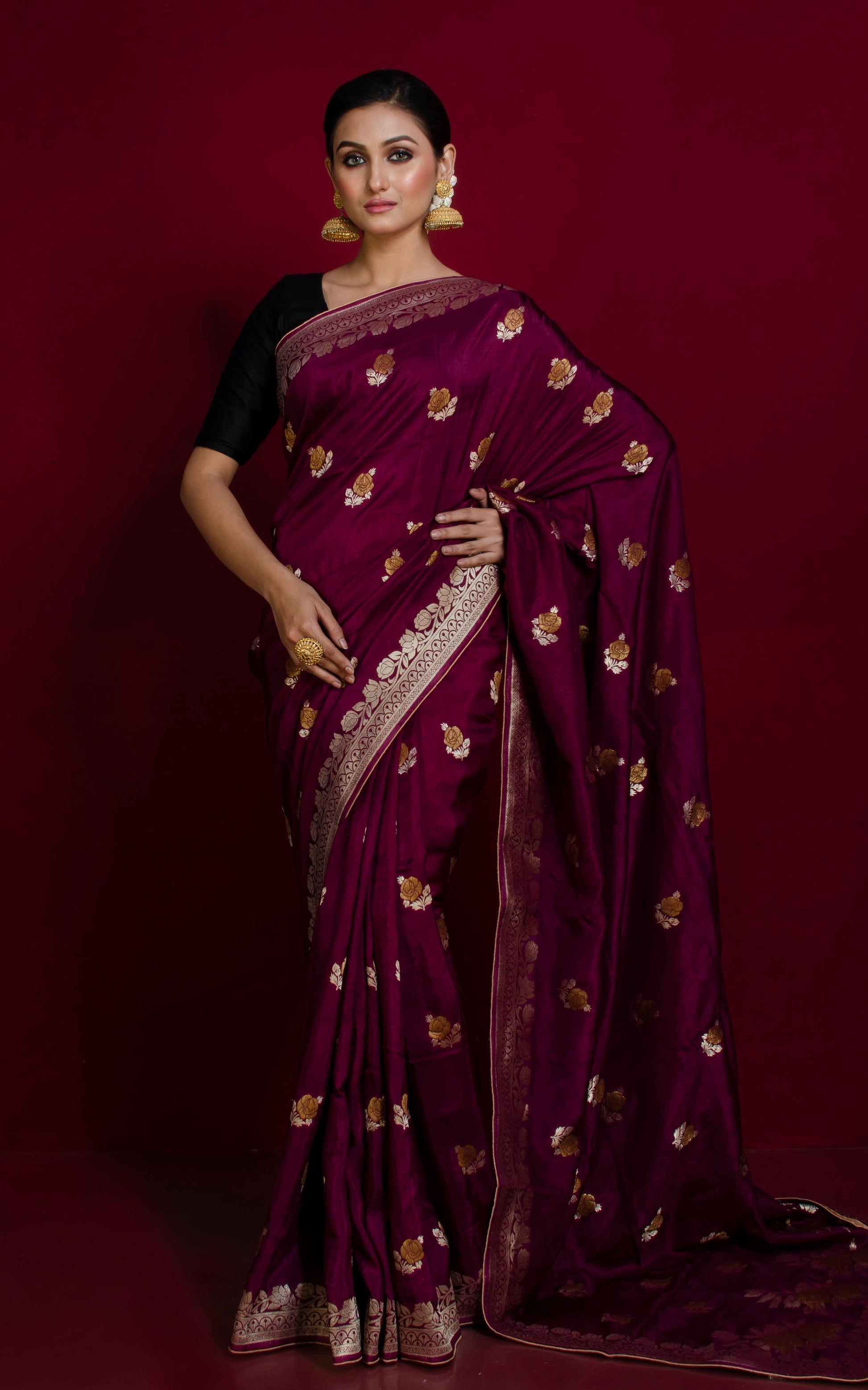 Handwoven Semi Moonga Tussar Silk Saree in Exotic Dark Wine and Antique Gold