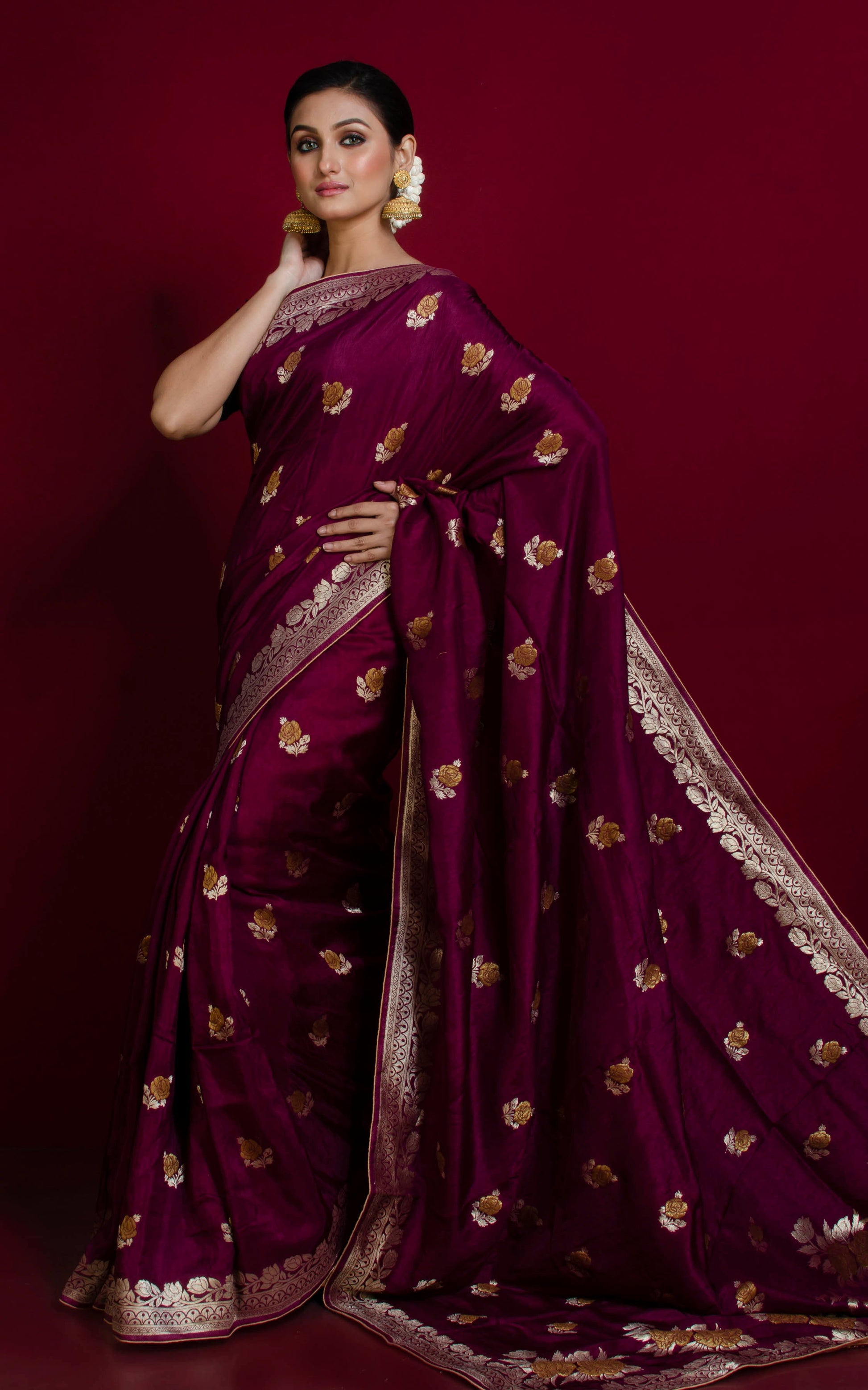 Handwoven Semi Moonga Tussar Silk Saree in Exotic Dark Wine and Antique Gold