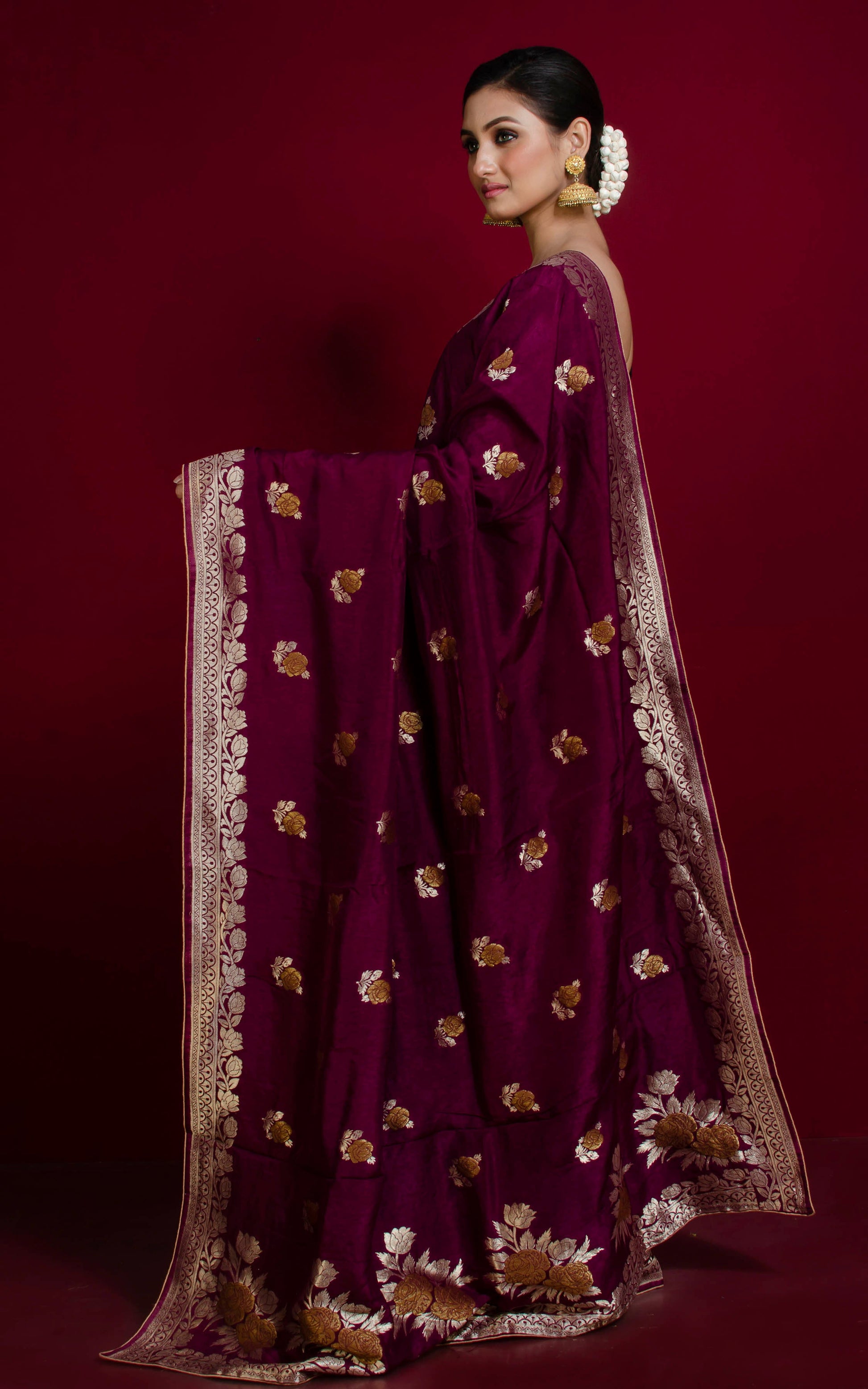 Handwoven Semi Moonga Tussar Silk Saree in Exotic Dark Wine and Antique Gold