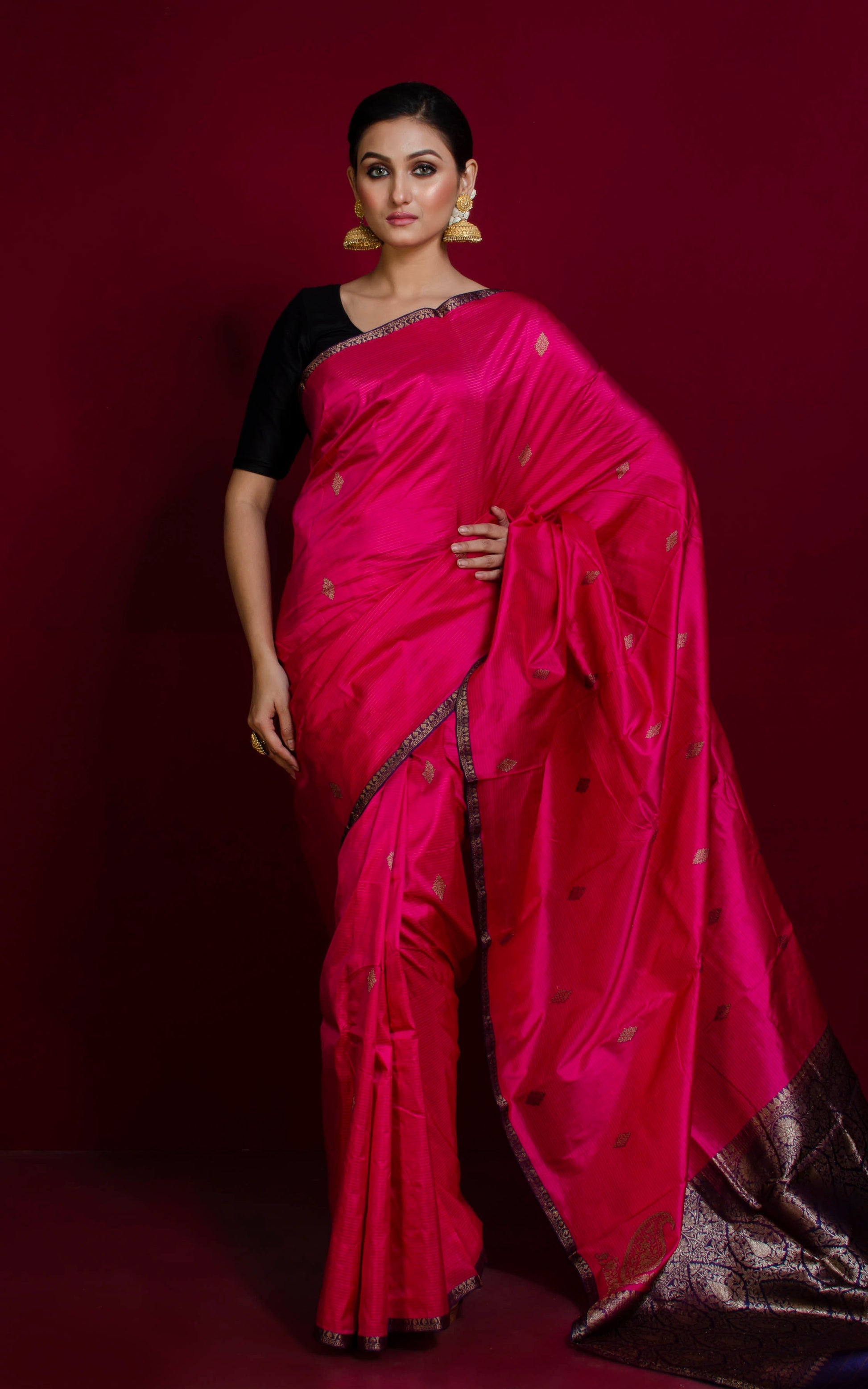 Woven Thread Nakshi Work Koniya Motif Pure Katan Banarasi Silk Saree in Deep Pink, Dark Blue and Antique Gold