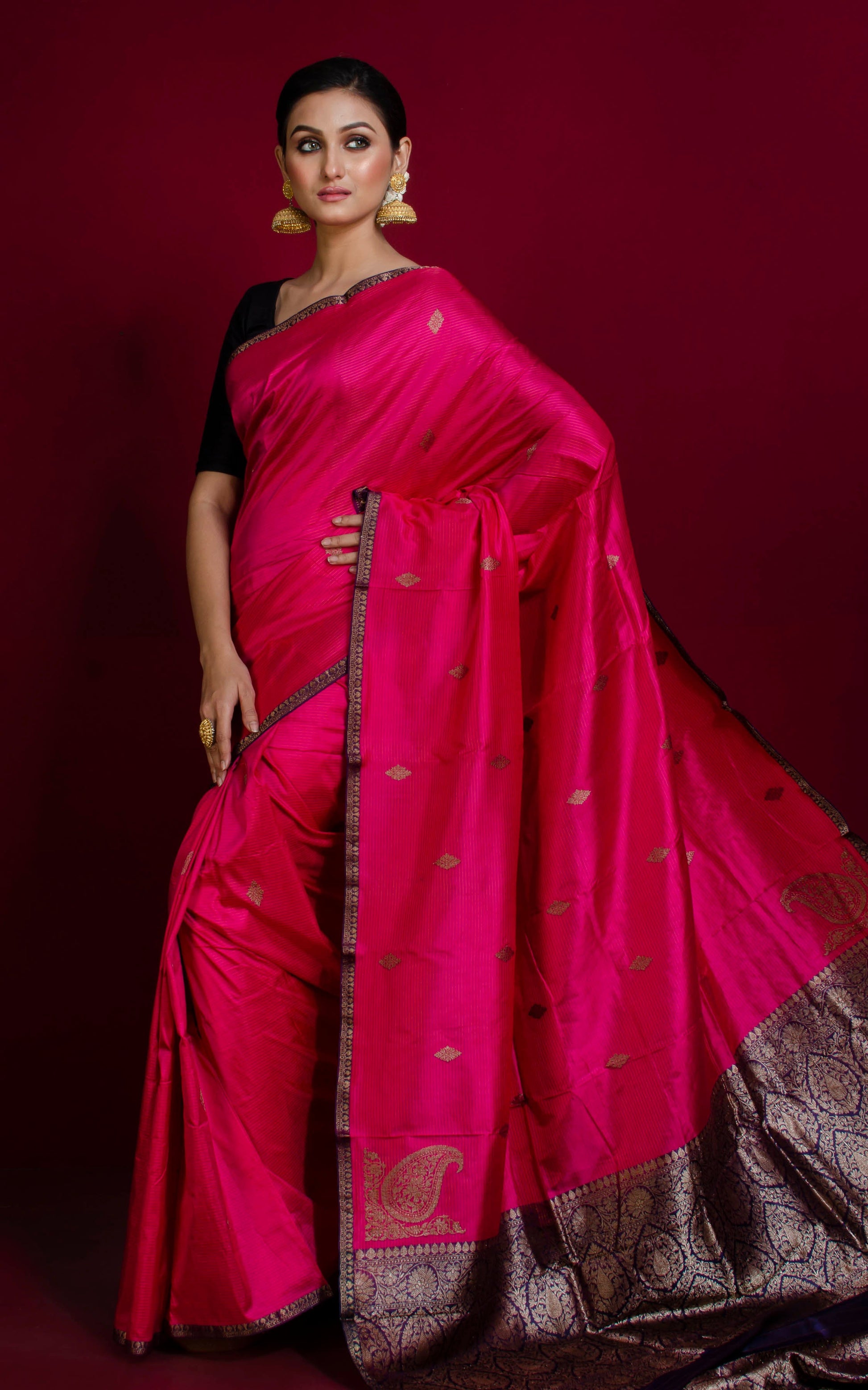 Woven Thread Nakshi Work Koniya Motif Pure Katan Banarasi Silk Saree in Deep Pink, Dark Blue and Antique Gold