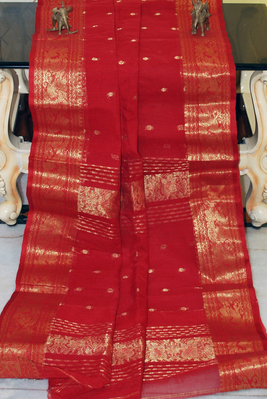 Tangail Handloom Cotton Banarasi Saree in Crimson Red and Gold Zari Work