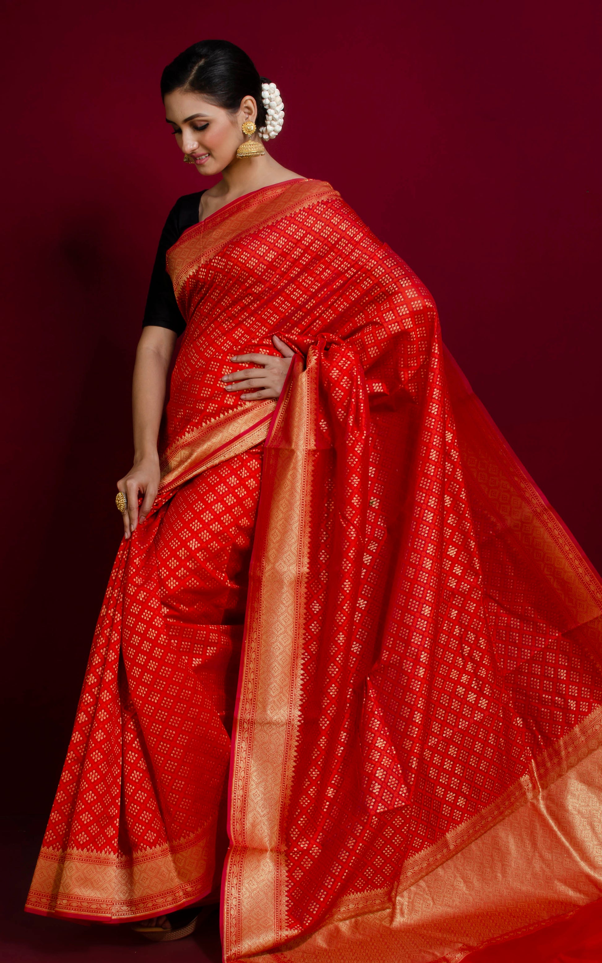 Handwoven Bandhani Pattern Work Cotton Chanderi Saree in Red, Hot Pink and Gold Matte Zari Work