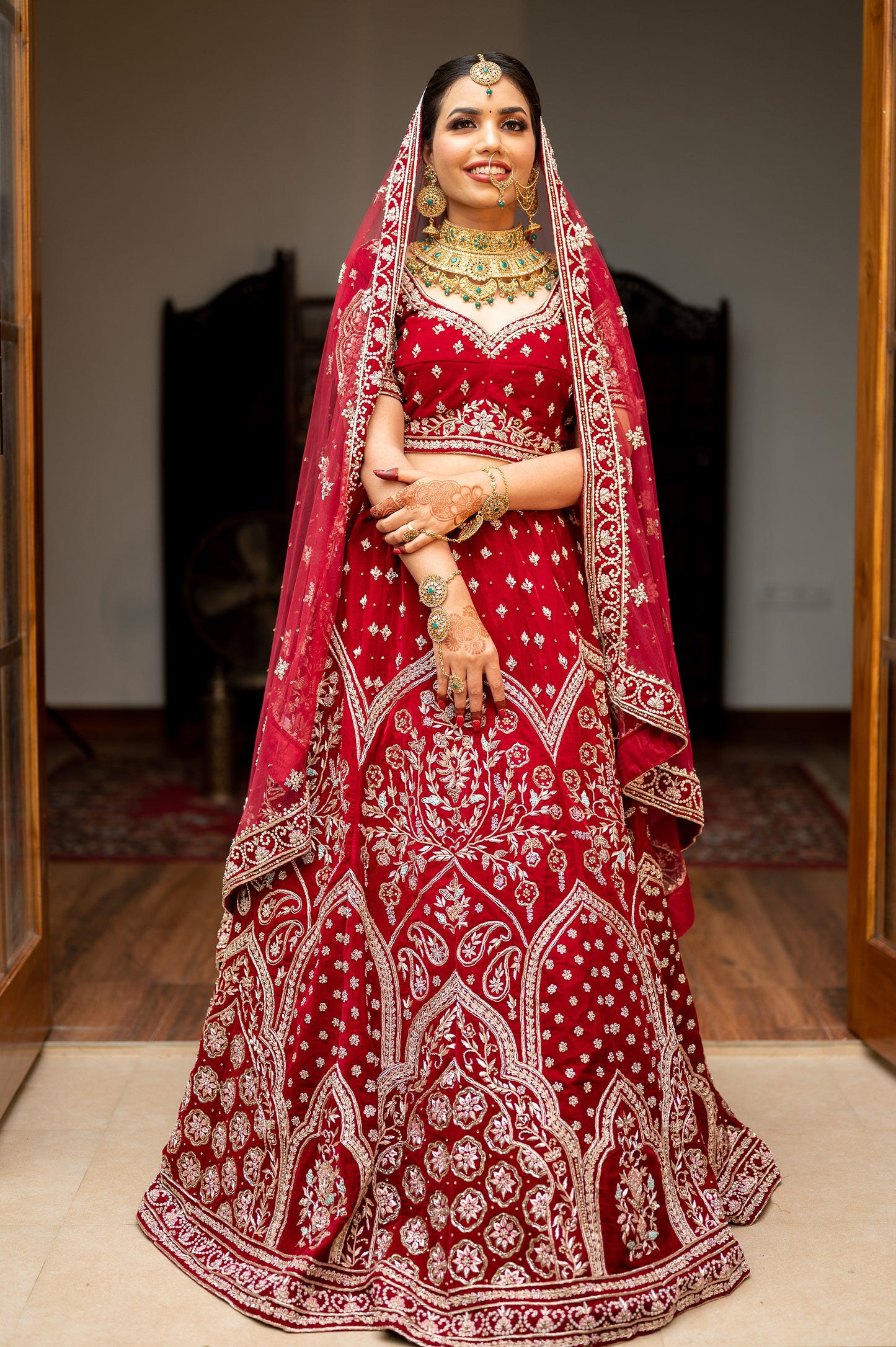 Maroon Velvet marwari Zardosi lehenga