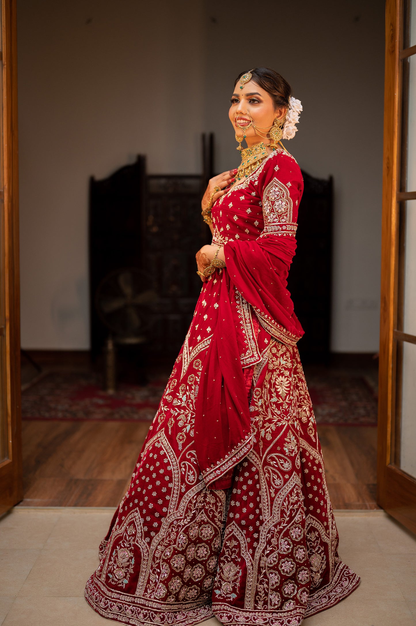 Maroon Velvet marwari Zardosi lehenga