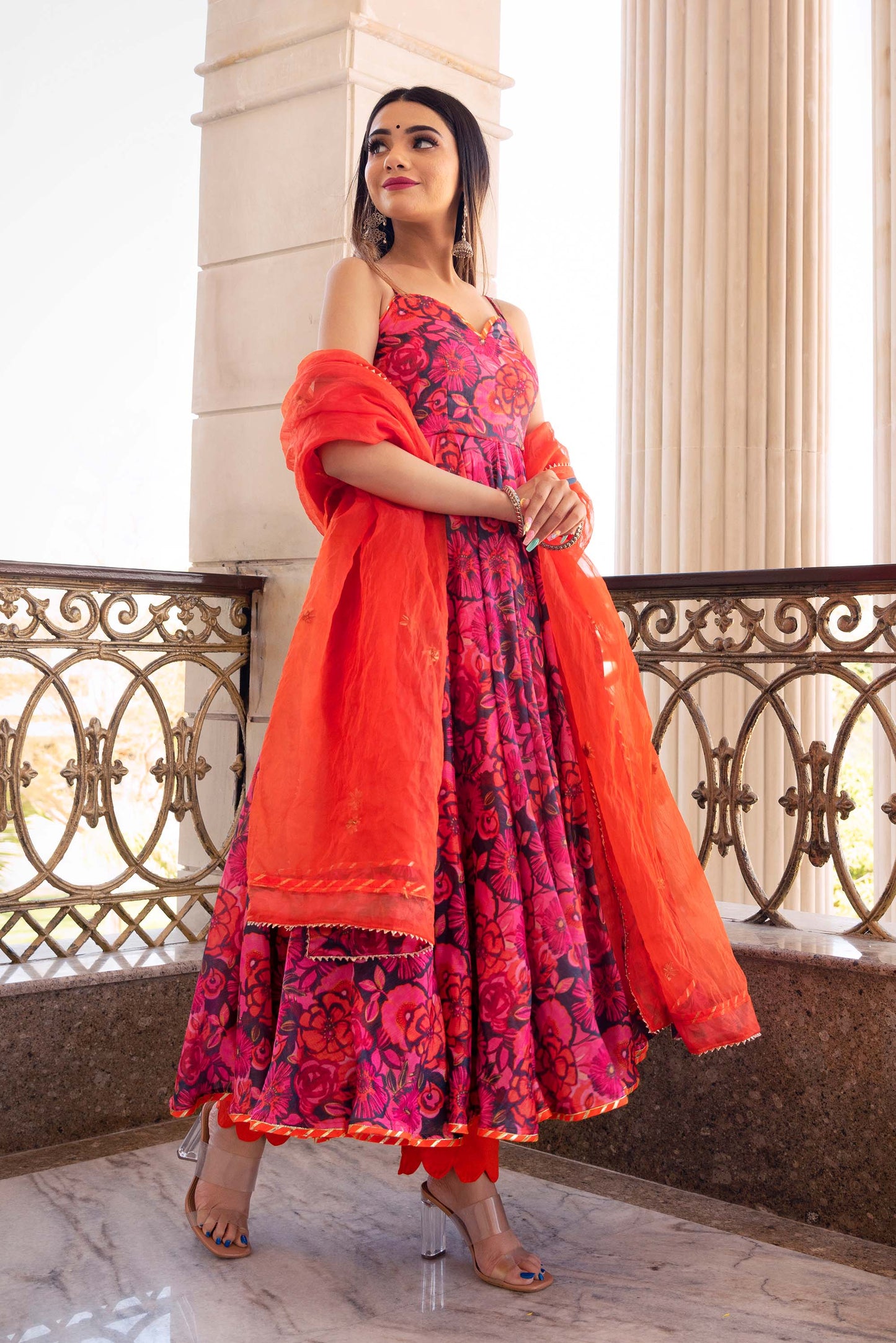 Ganguar Tara Orange Printed Anarkali Set