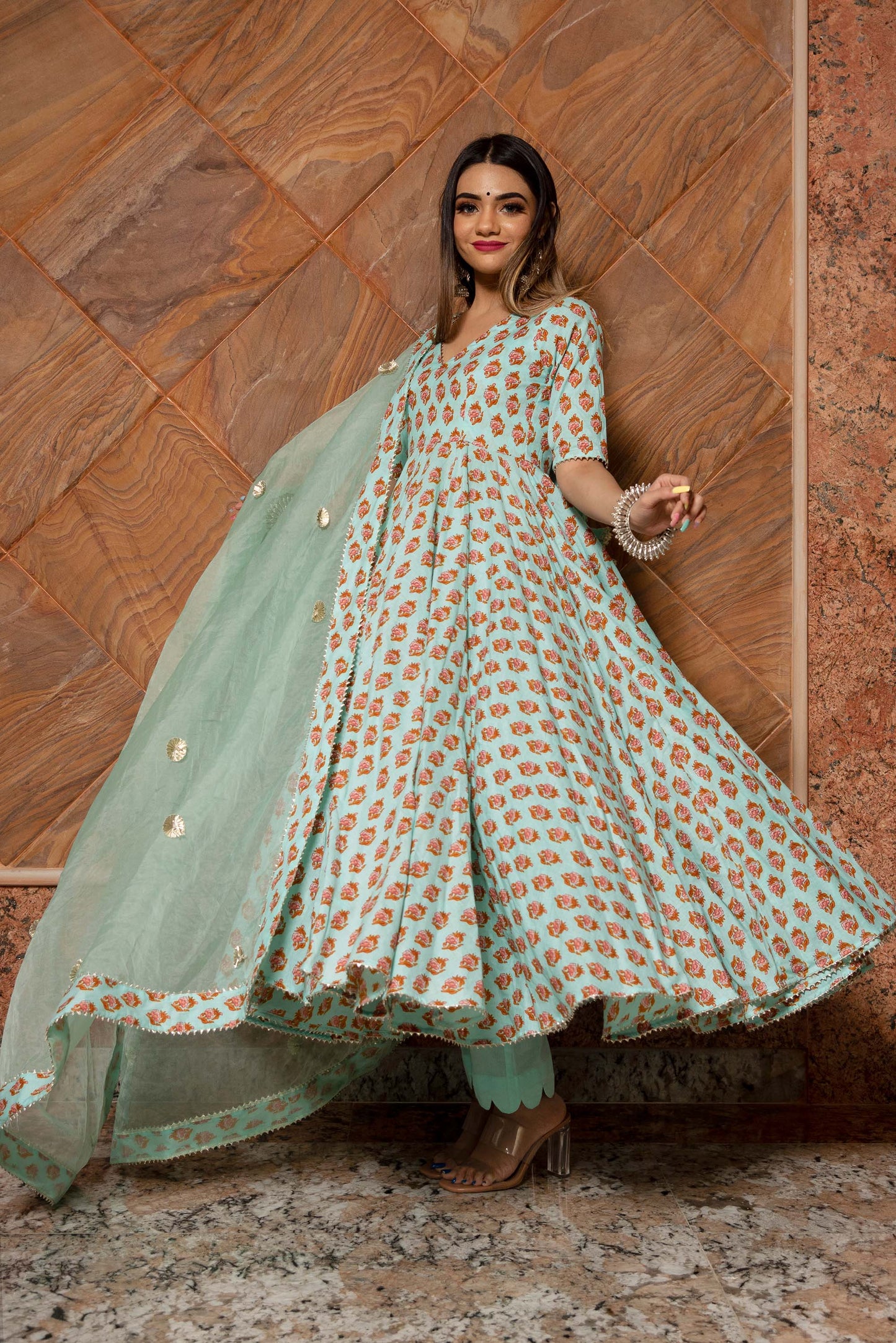 Ganguar Lily of Valley Hand Block Anarkali Set