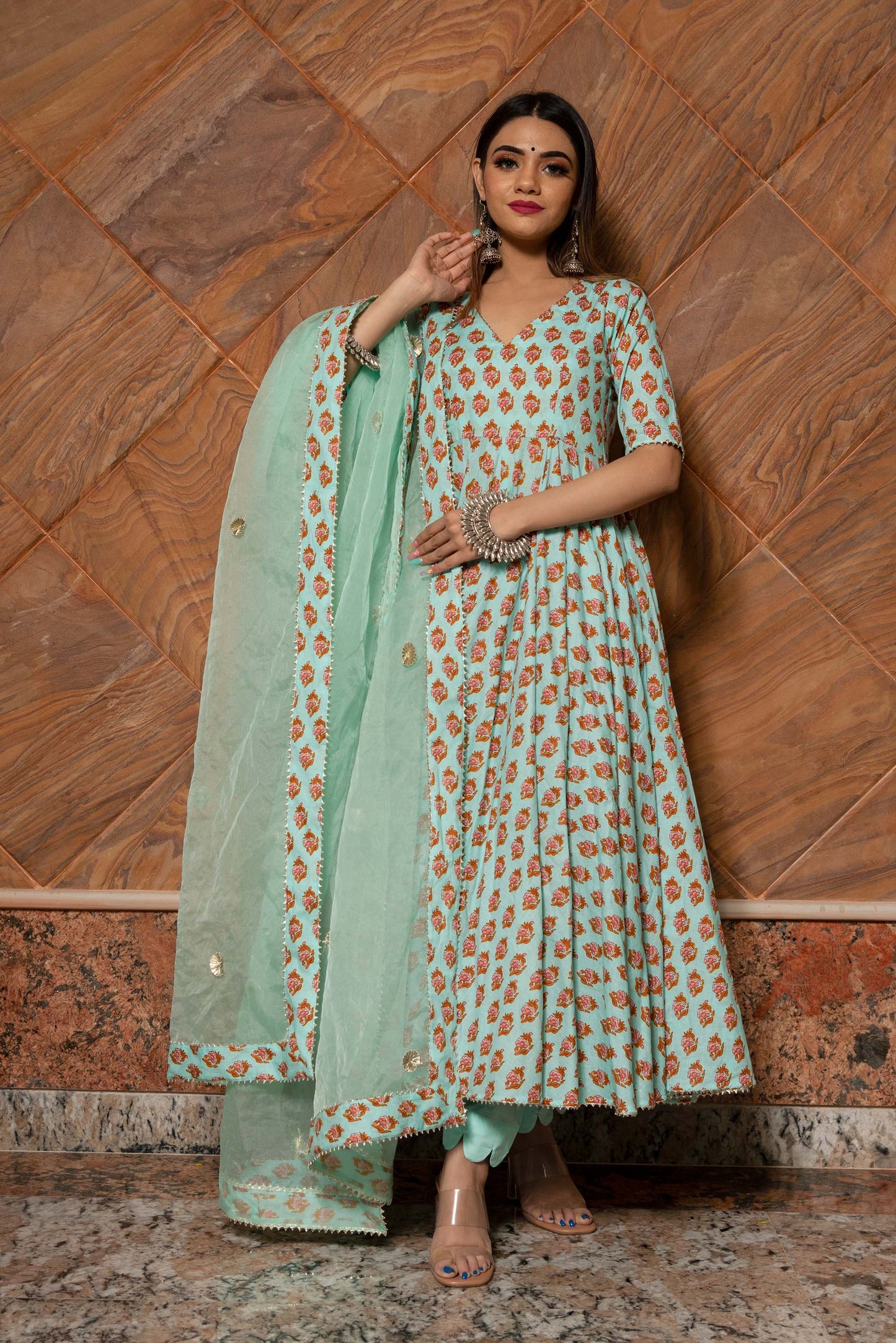 Ganguar Lily of Valley Hand Block Anarkali Set