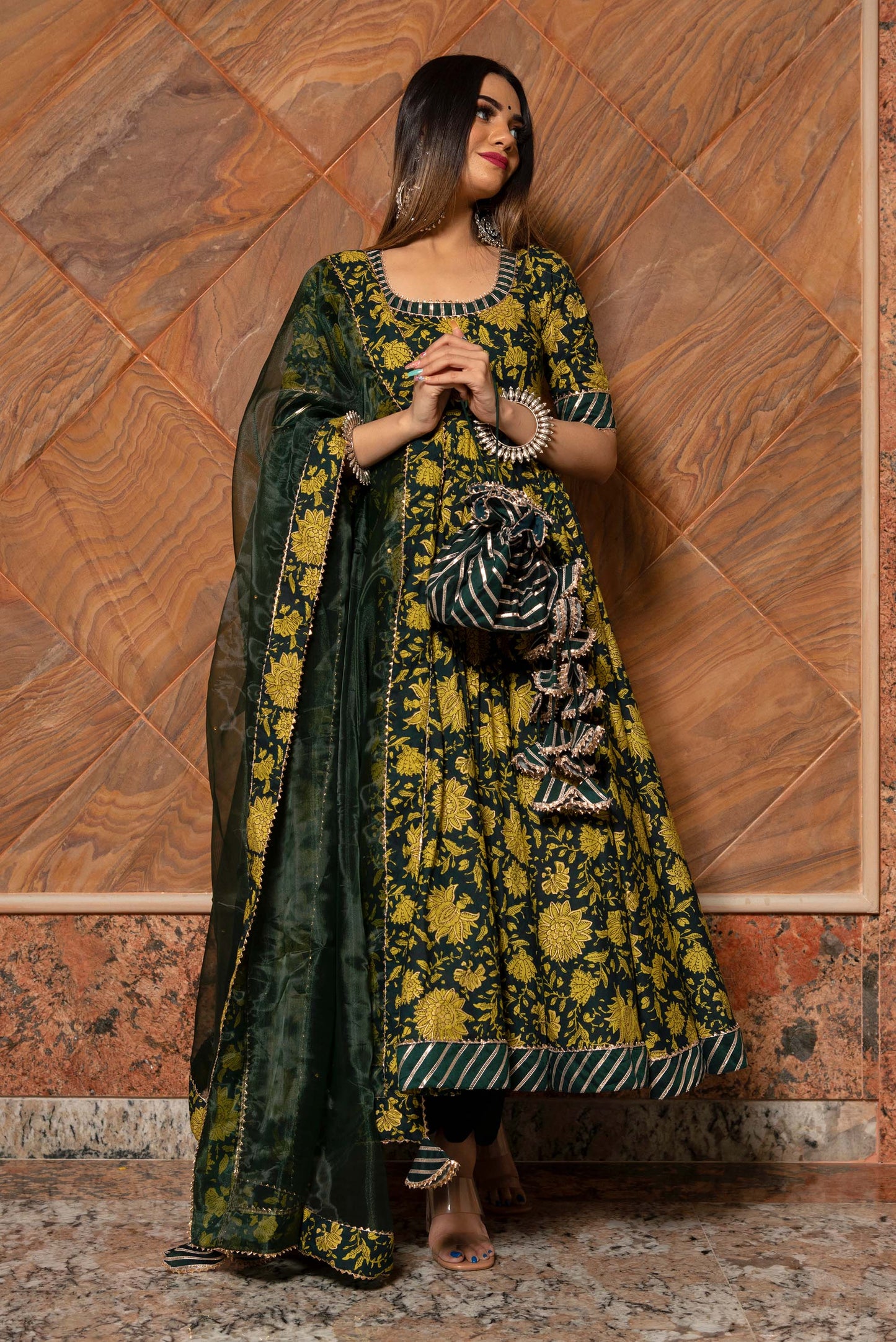 Ganguar Idika Green Hand Block Anarkali Set