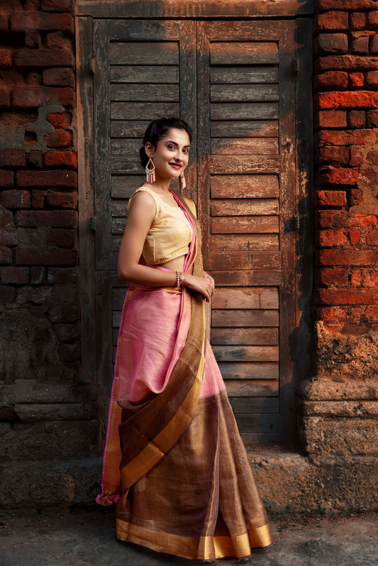 Pink and brown tissue linen powerloom saree