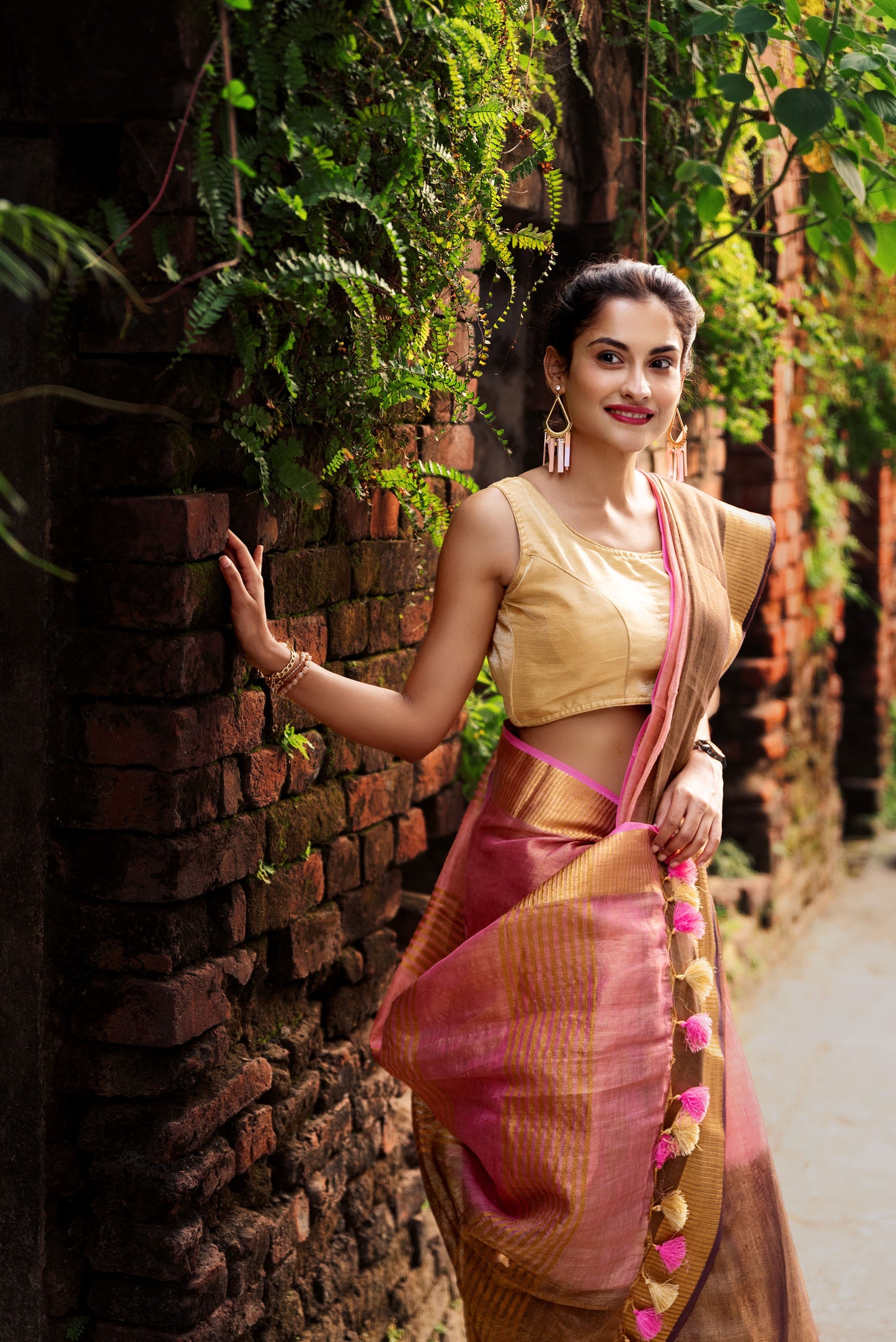 Pink and brown tissue linen powerloom saree