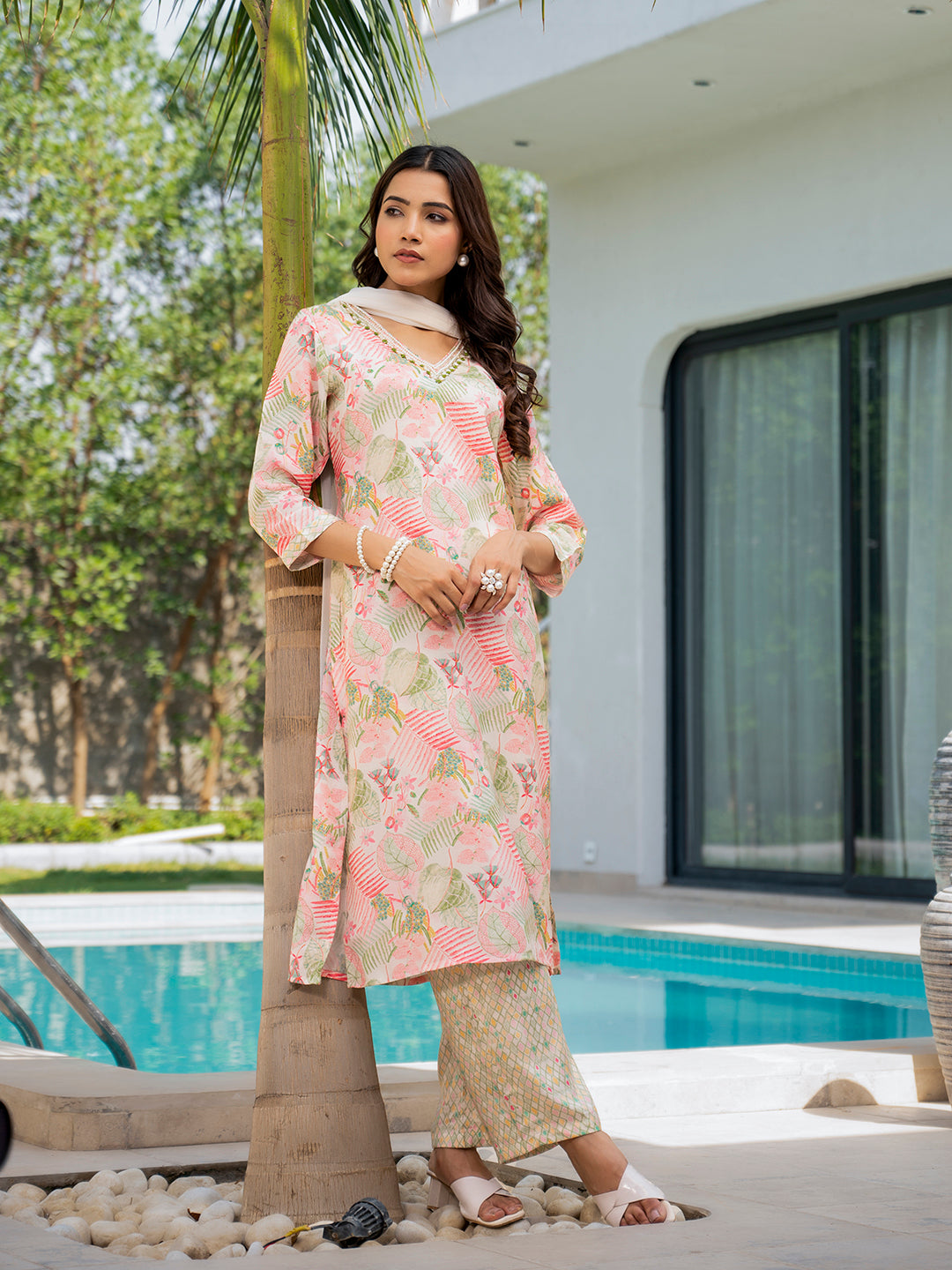 Cream Embroidered & Floral Print Muslin Kurta Set