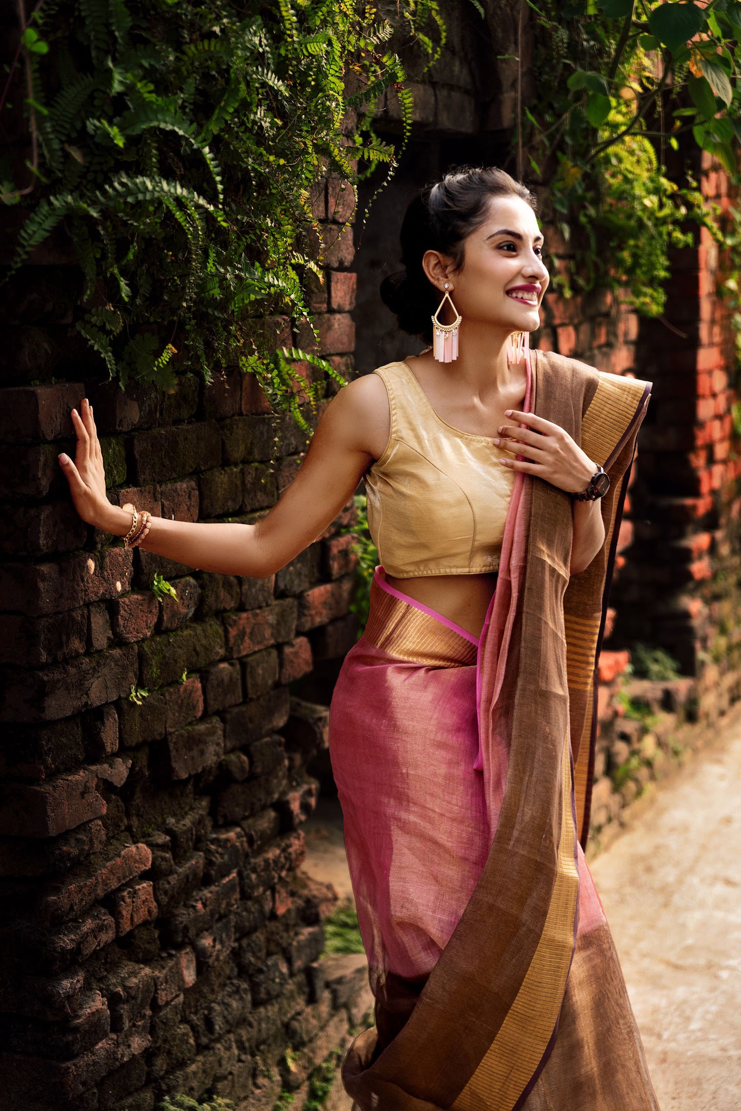 Pink and brown tissue linen powerloom saree