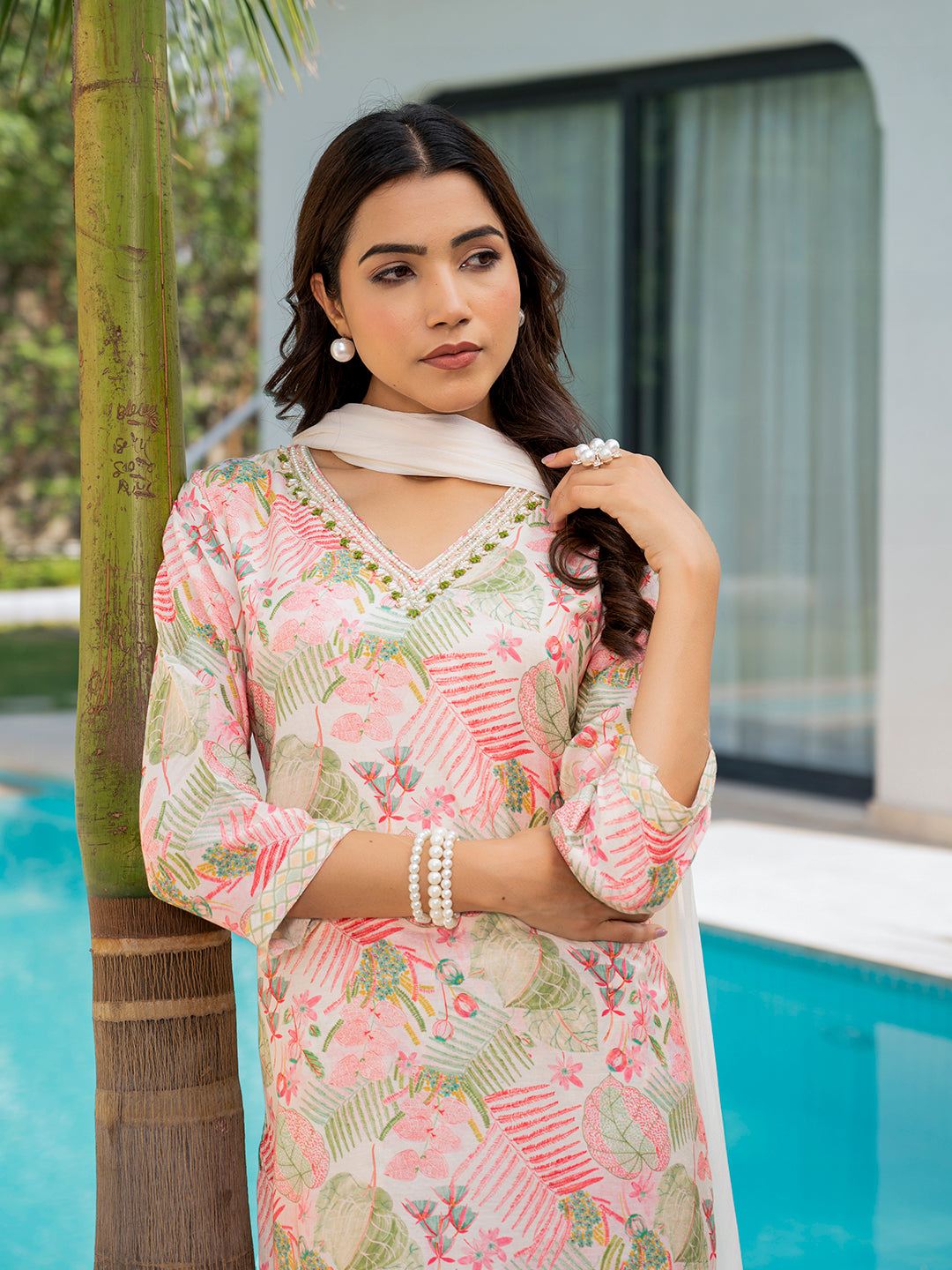 Cream Embroidered & Floral Print Muslin Kurta Set