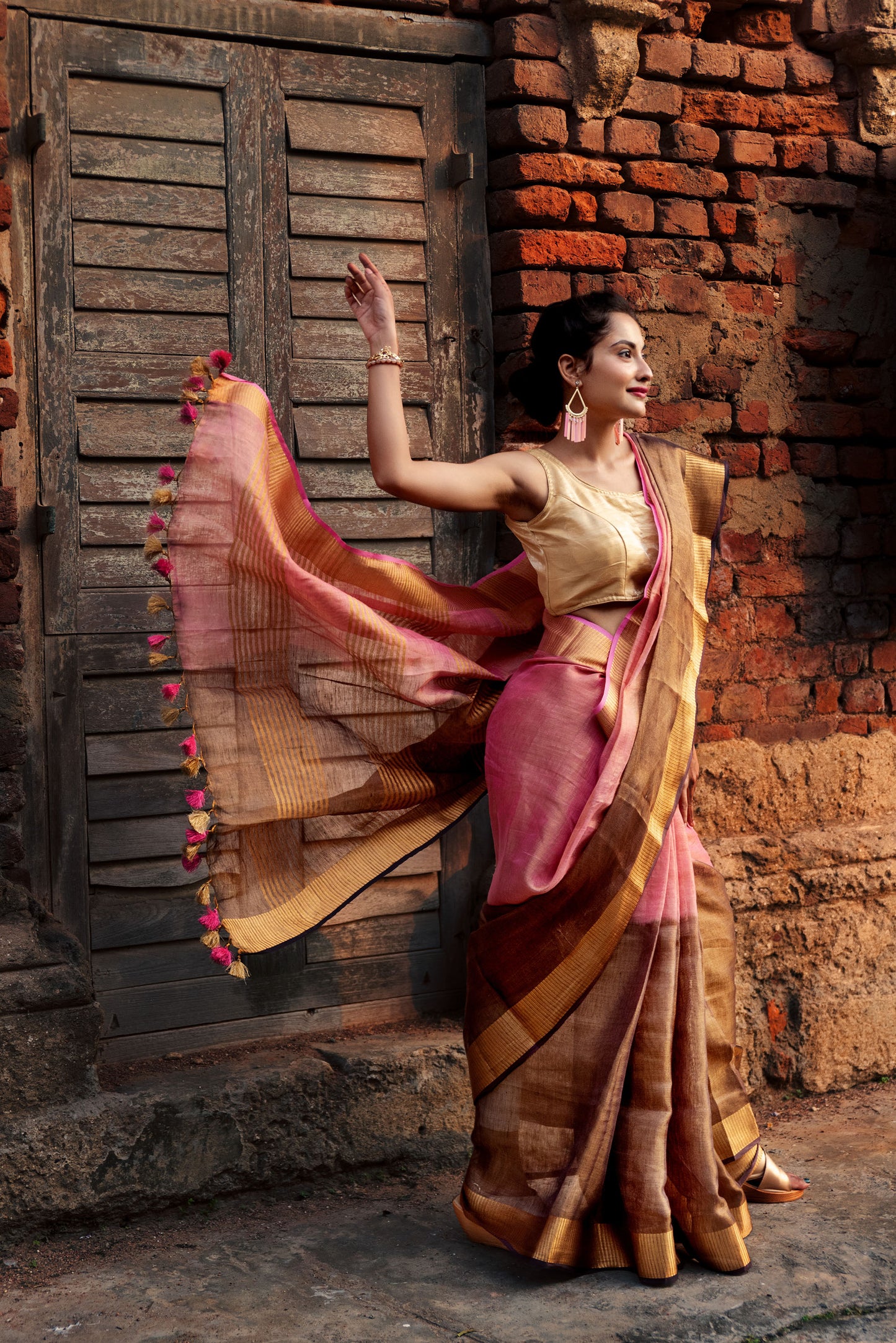 Pink and brown tissue linen powerloom saree