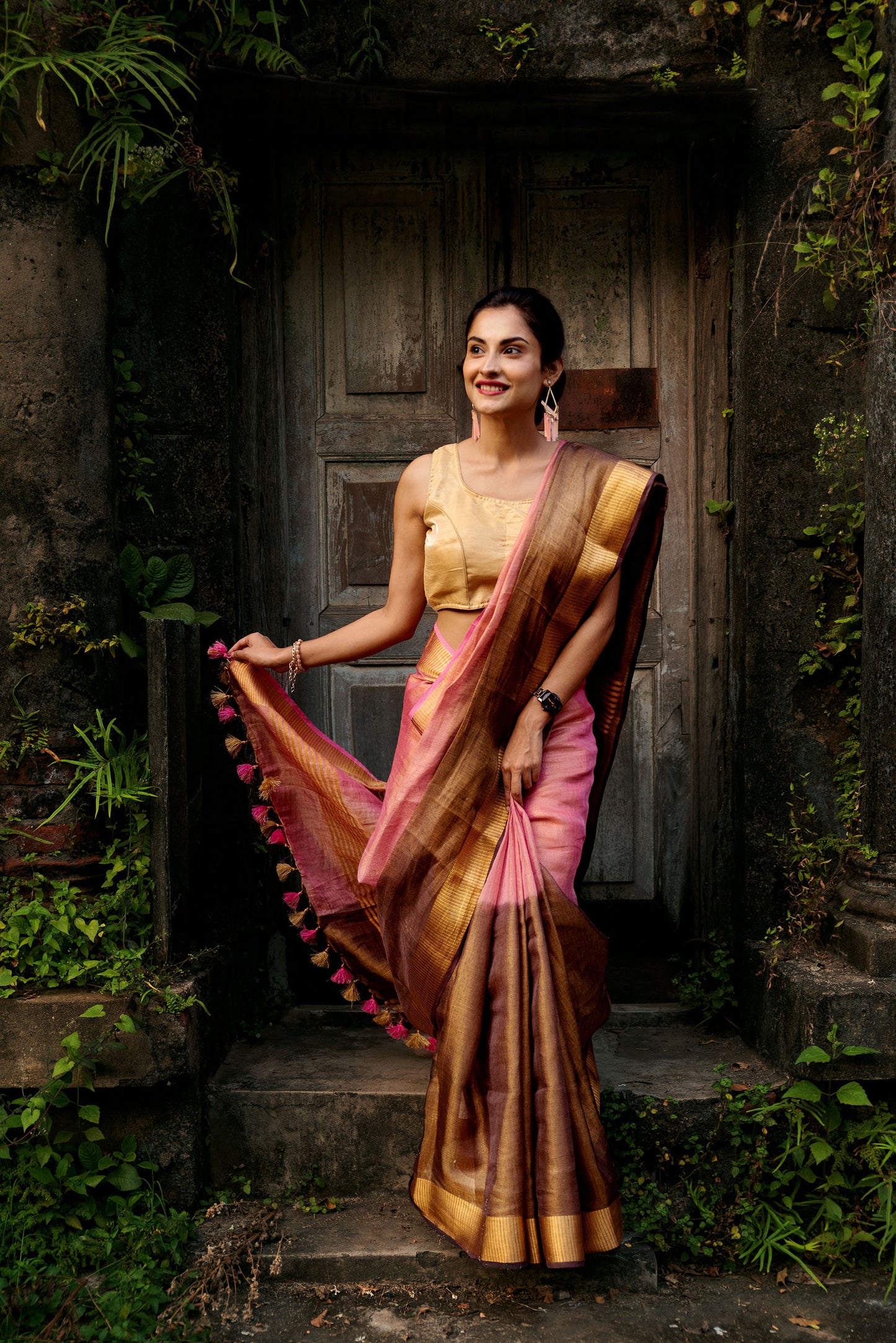 Pink and brown tissue linen powerloom saree