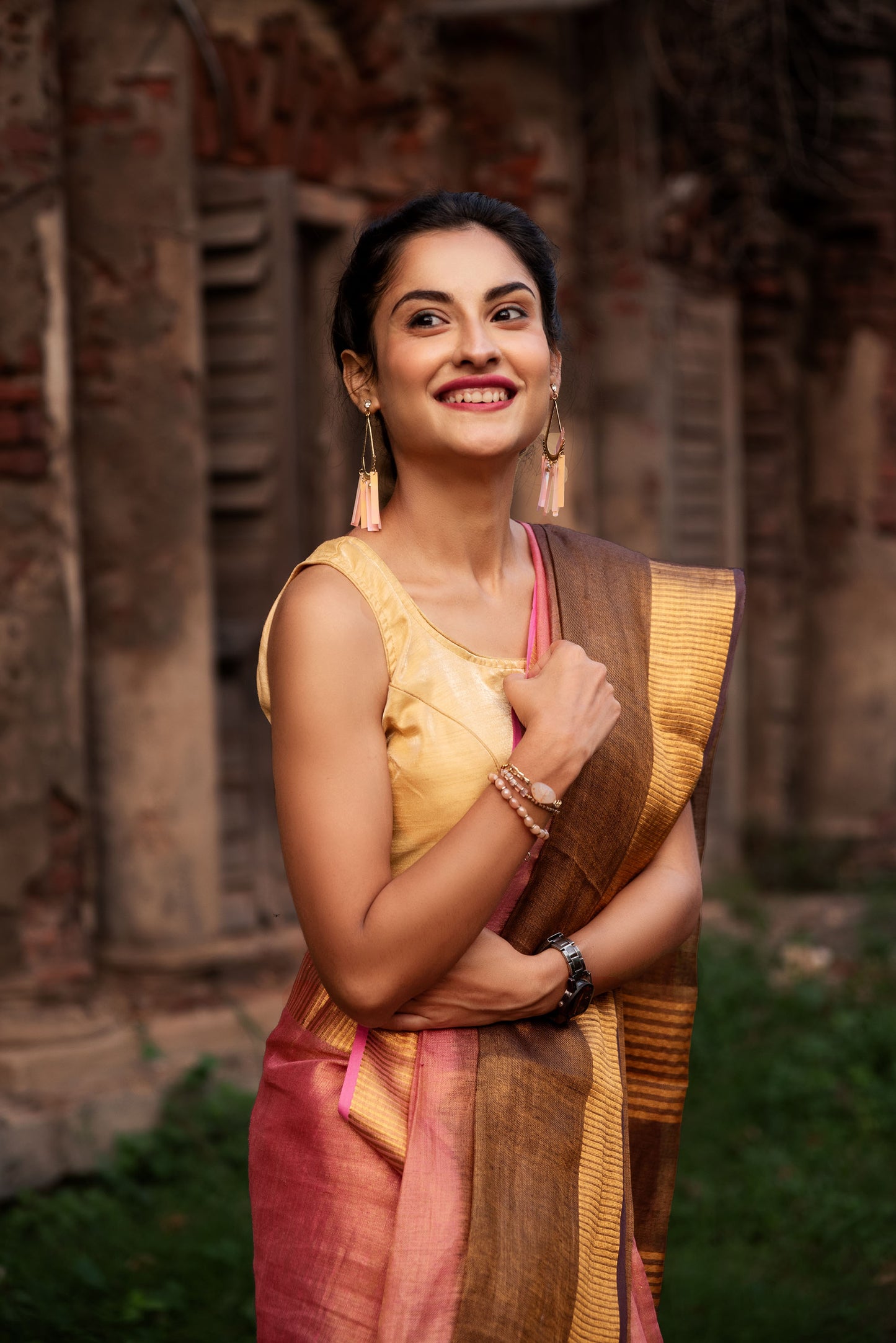 Pink and brown tissue linen powerloom saree