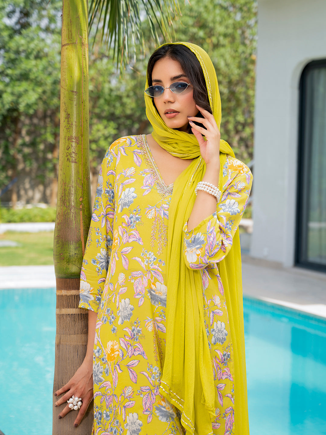 Yellow Embroidered Floral Print Muslin Kurta Set