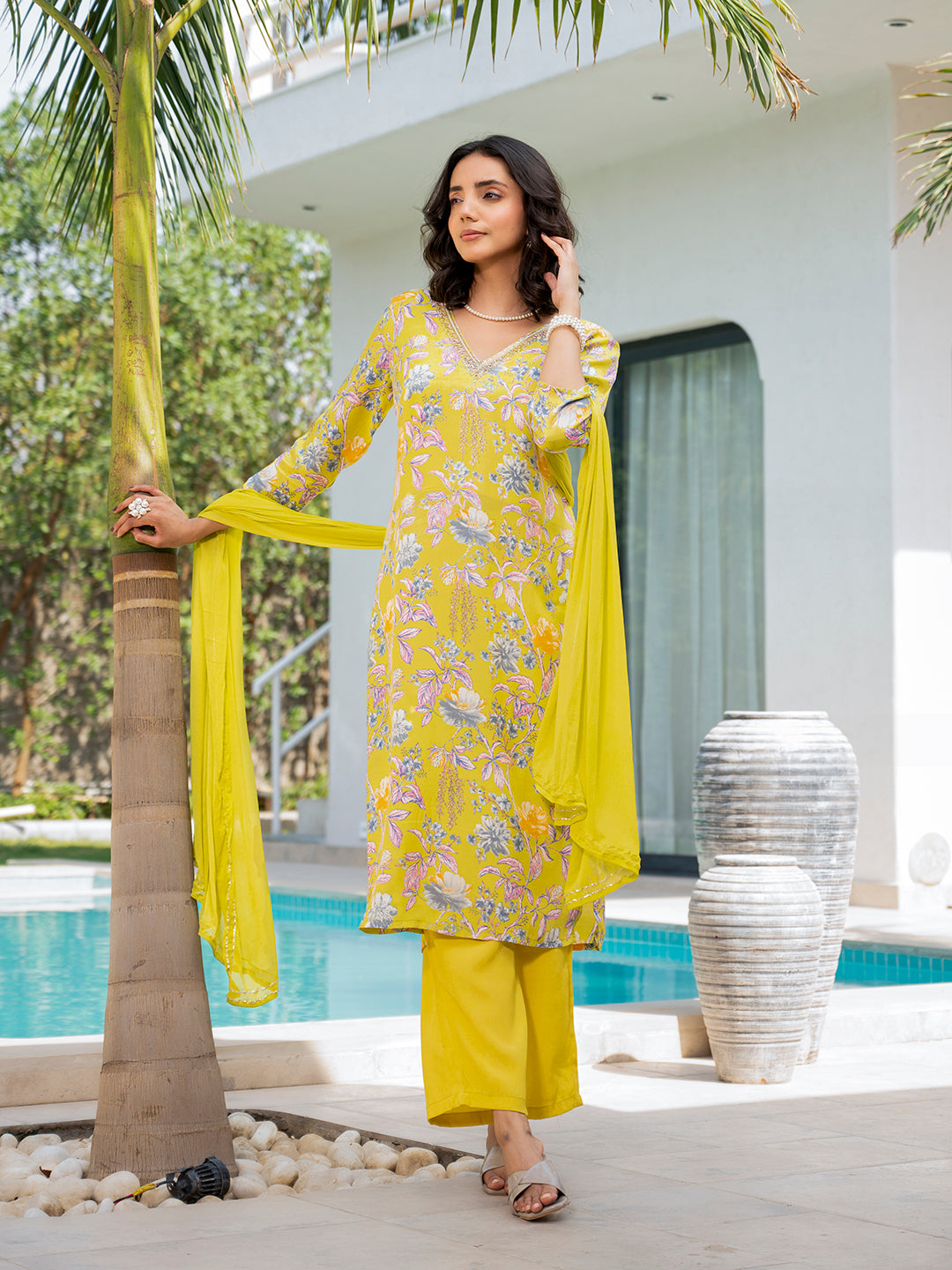 Yellow Embroidered Floral Print Muslin Kurta Set