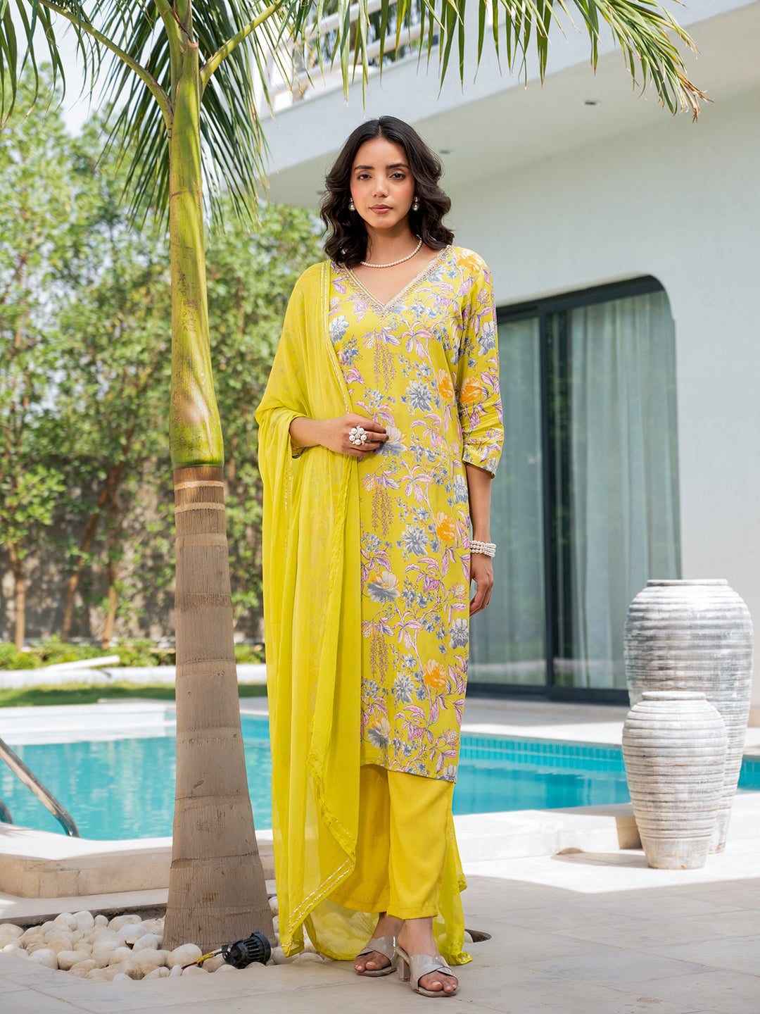 Yellow Embroidered Floral Print Muslin Kurta Set