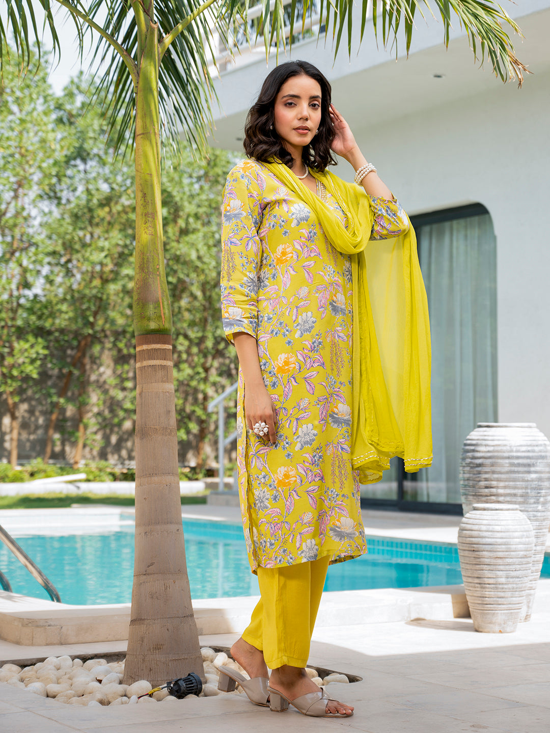 Yellow Embroidered Floral Print Muslin Kurta Set