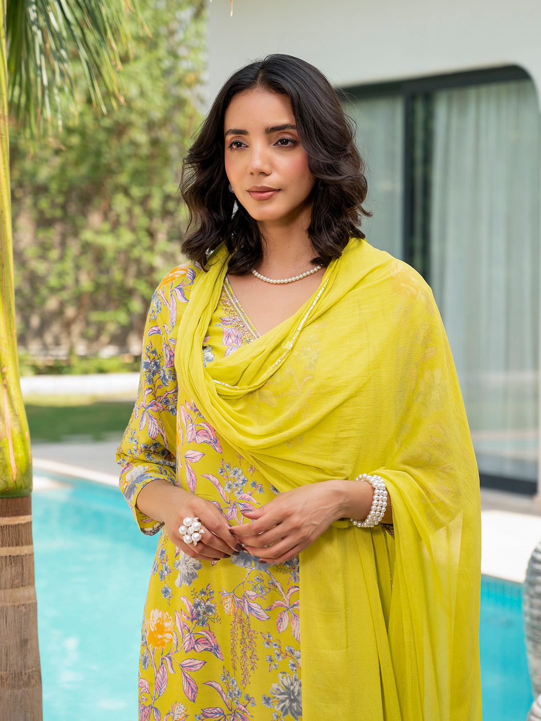 Yellow Embroidered Floral Print Muslin Kurta Set