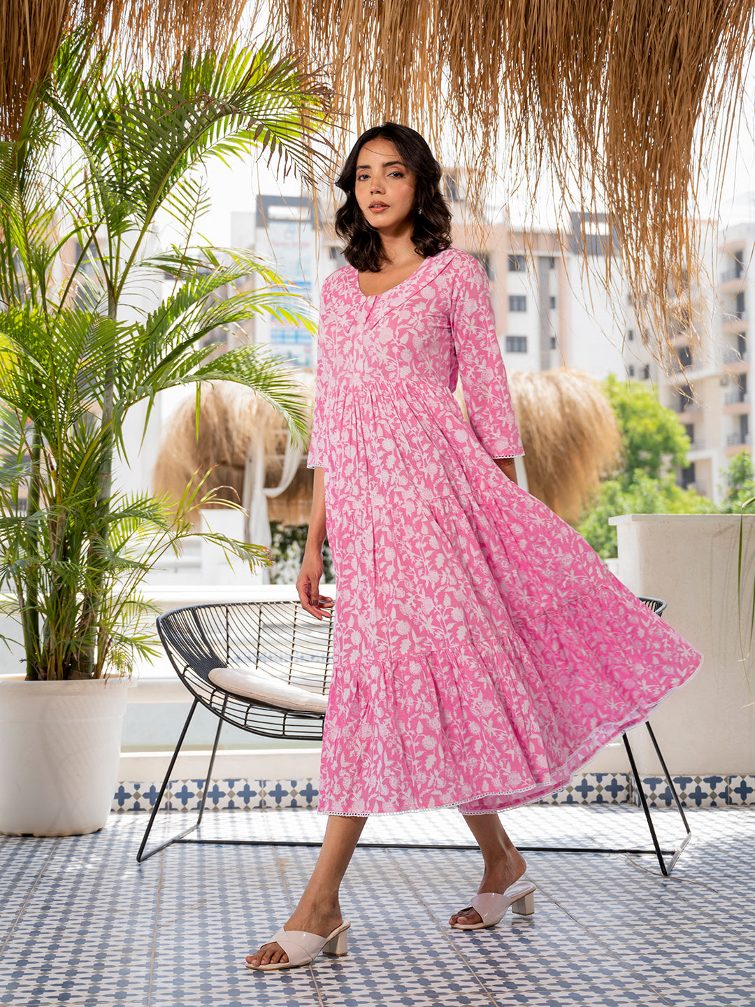 Pink Floral Printed Collar Neck Calf length Cotton dress for Women