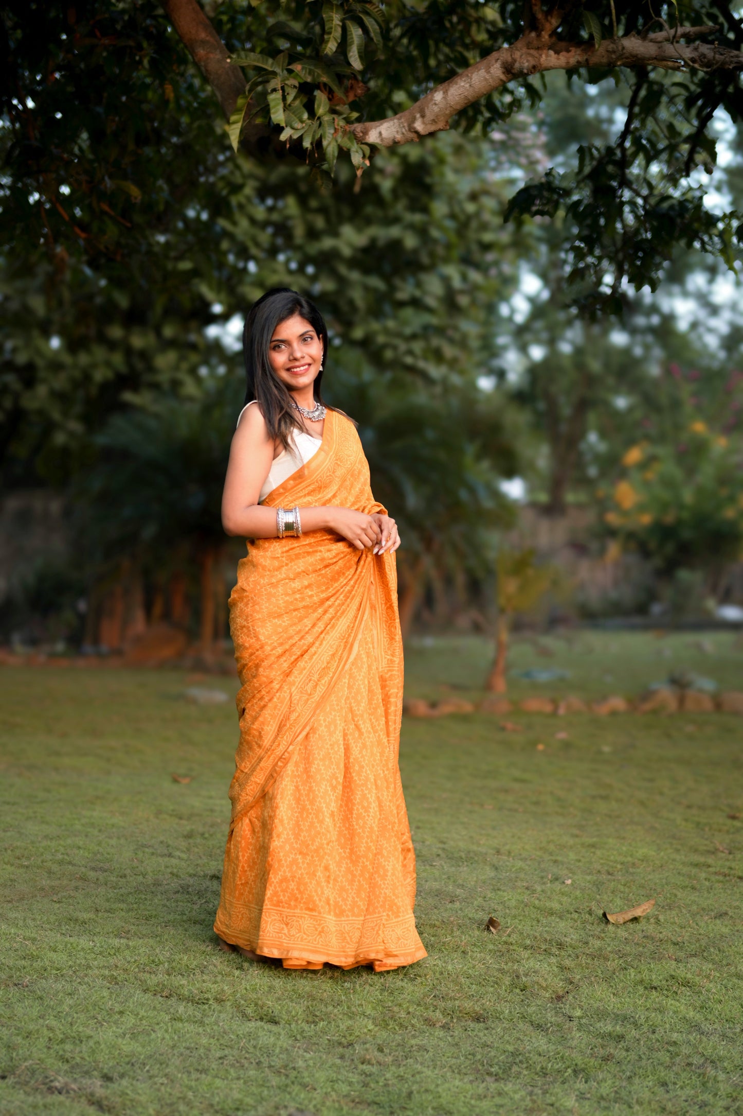 Haldi - Yellow Bagru Natural Dyes Handblock Printed - Chanderi Silk Saree