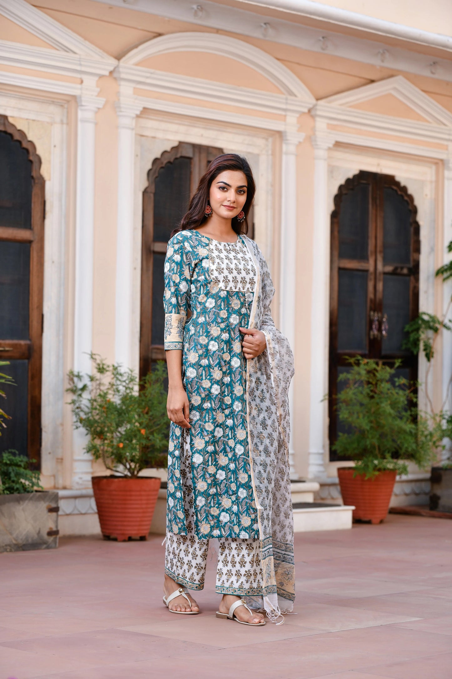 Kajal Women TEAL Printed Viscose Rayon Kurta, Pant And Dupatta Set