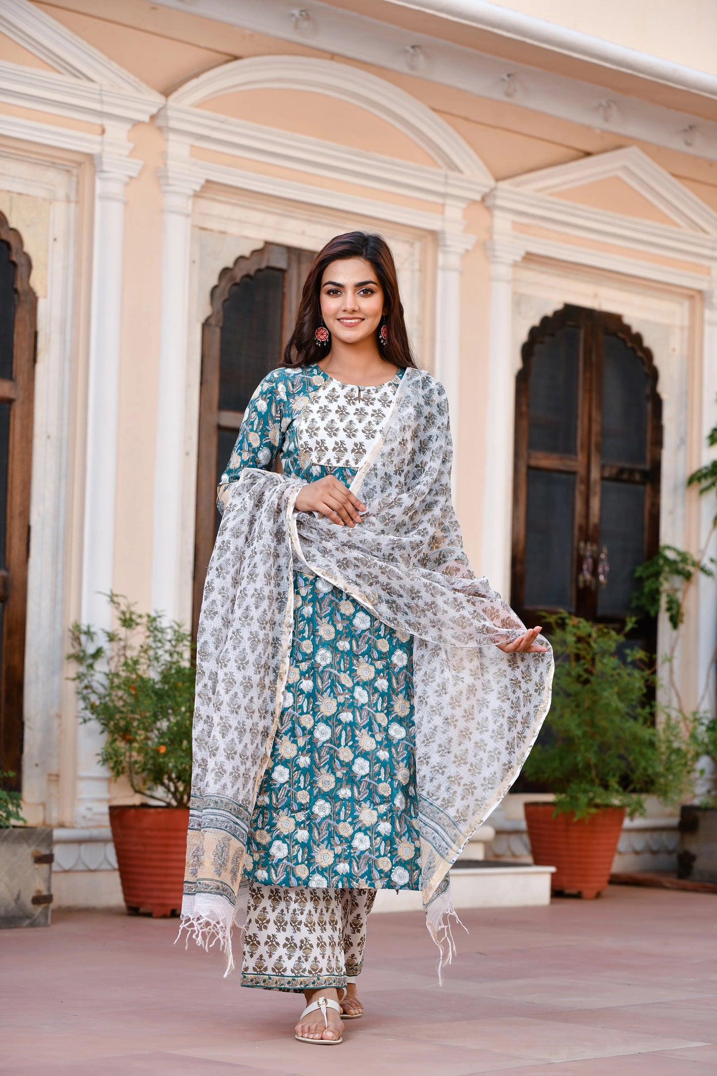 Kajal Women TEAL Printed Viscose Rayon Kurta, Pant And Dupatta Set