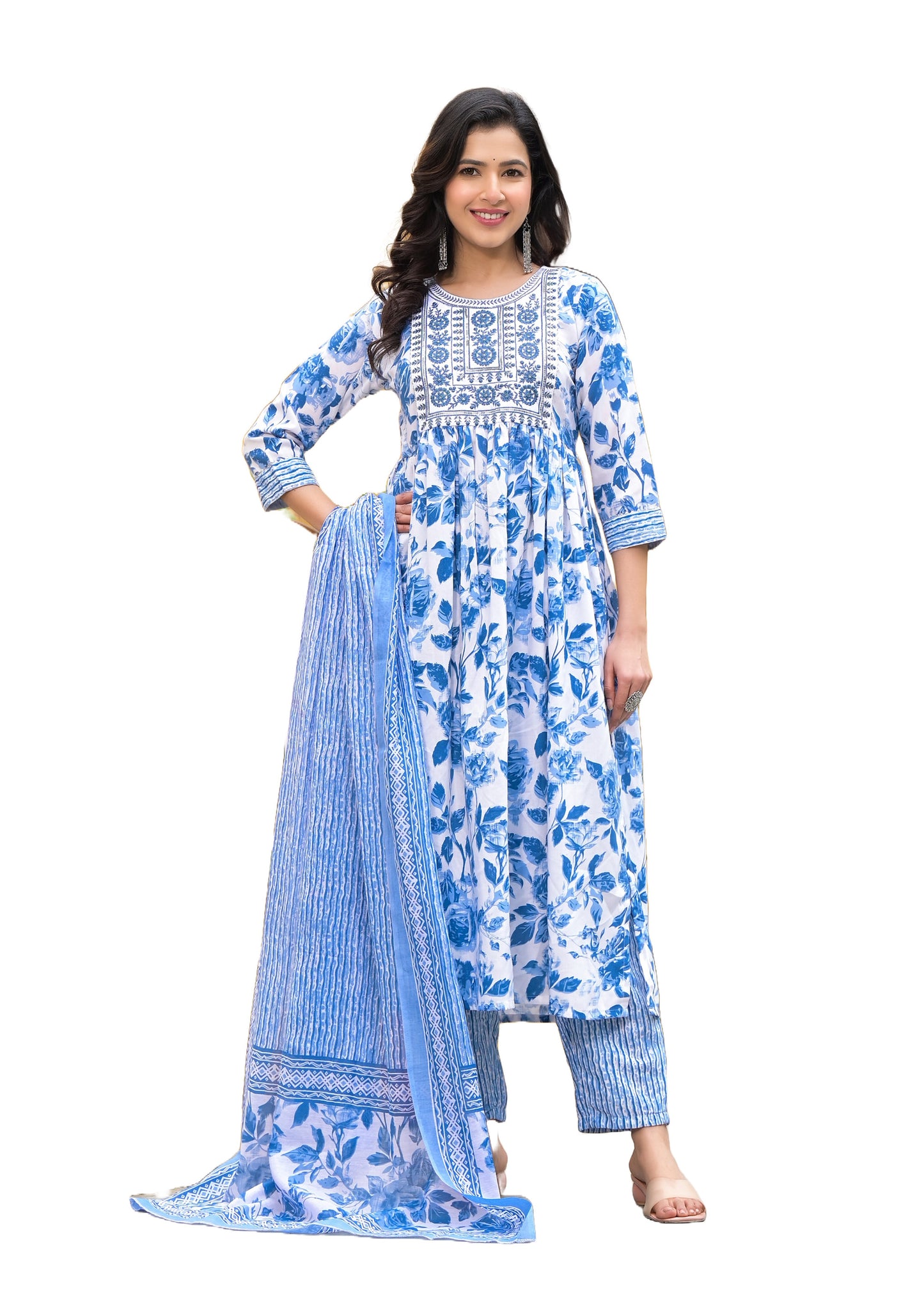 Lakshmi Women White, Blue Floral Print Viscose Rayon Kurta, Pant And Dupatta Set