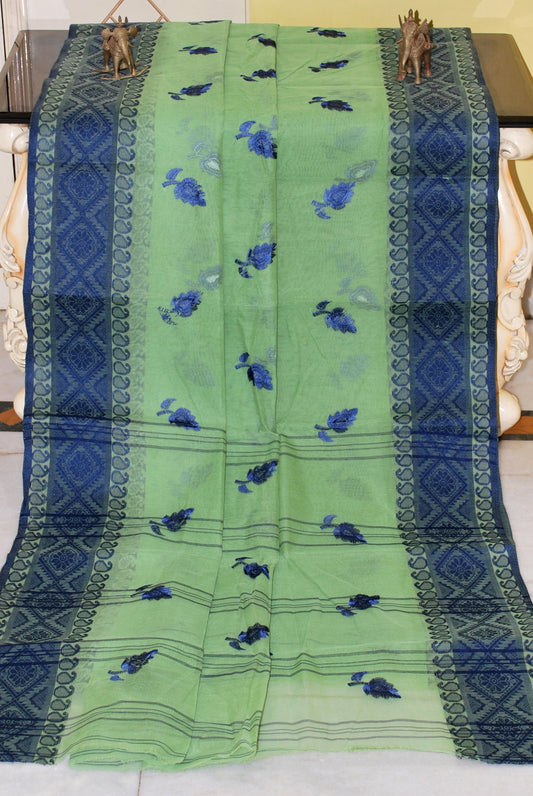 Bengal Handloom Cotton Saree with Leaf Motif Embroidery Work in Celadon Green and Navy Blue