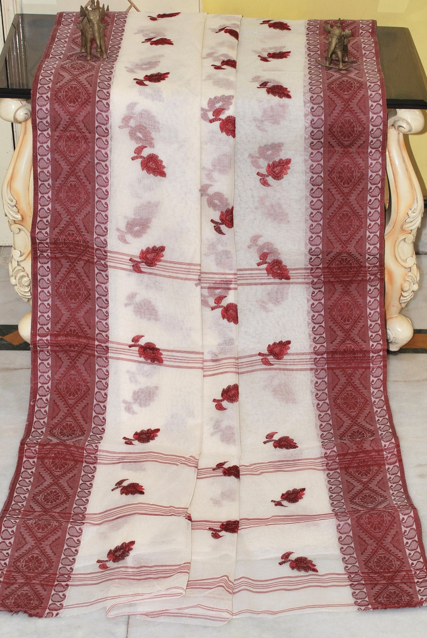 Bengal Handloom Cotton Saree with Leaf Motif Embroidery Work in Off White and Dark Brown