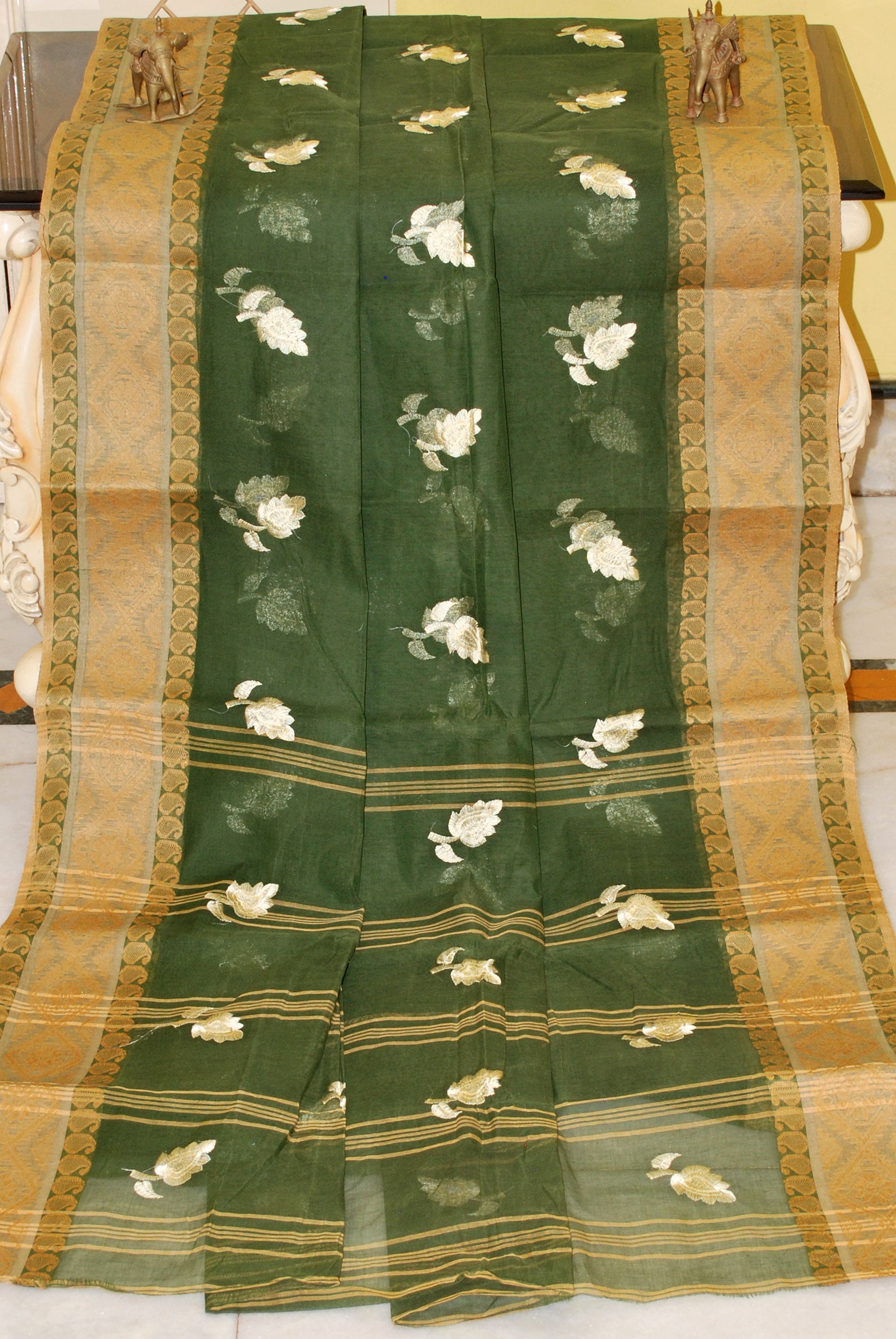 Bengal Handloom Cotton Saree with Leaf Motif Embroidery Work in Seaweed Green, Off White and Pale Golden