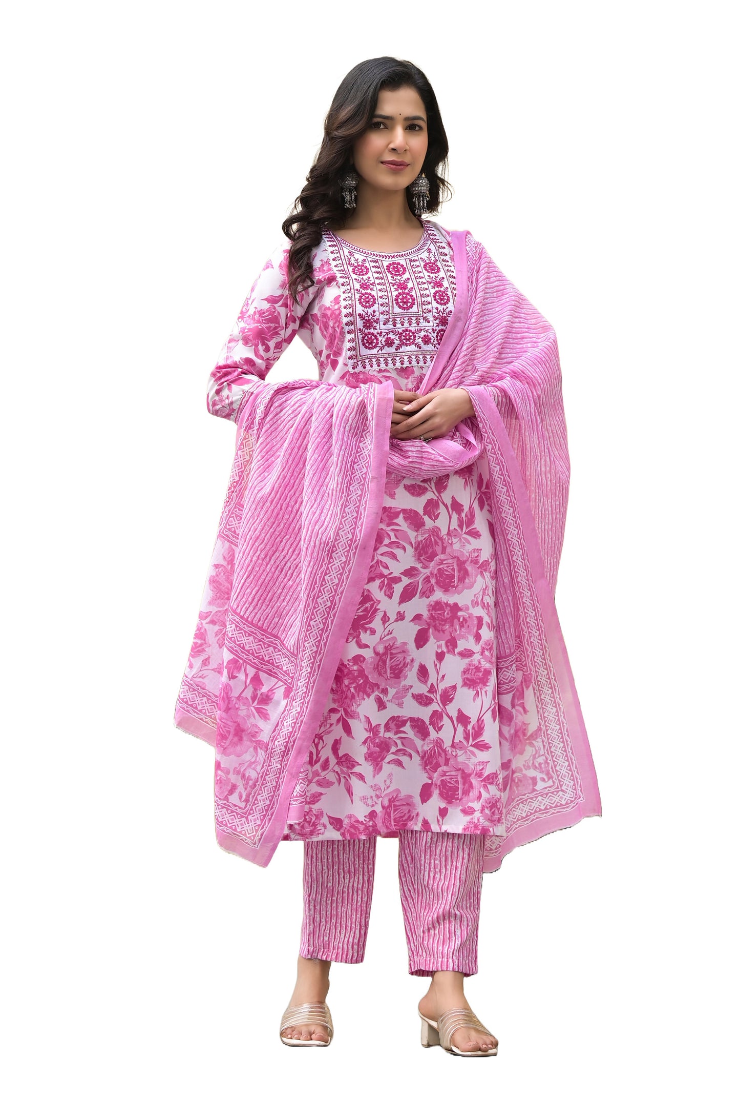 Lakshmi Women Pink, White Floral Print Viscose Rayon Kurta, Pant And Dupatta Set