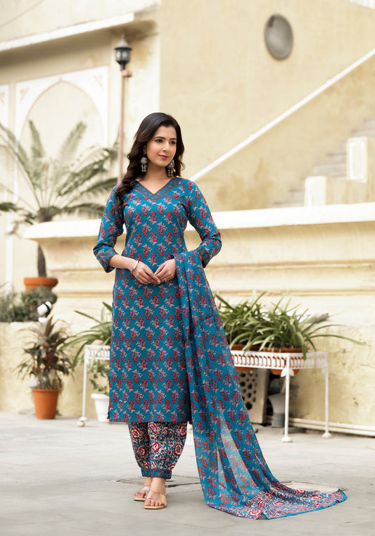 Juhi Women Blue Printed Viscose Rayon Kurta, Pant And Dupatta Set