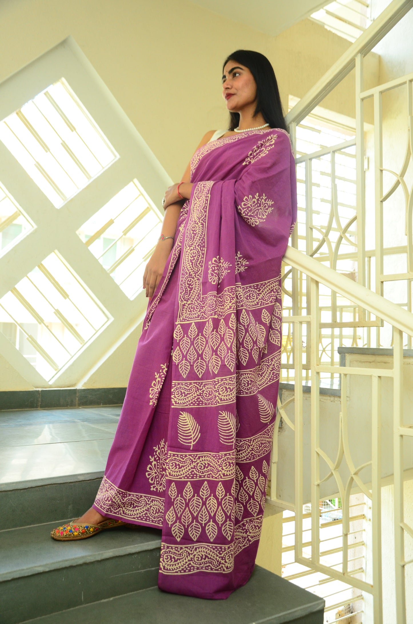 Poppins Collection - Purple Poppins Candy - Handblock Print Natural Dyed - Mulmul Cotton Saree