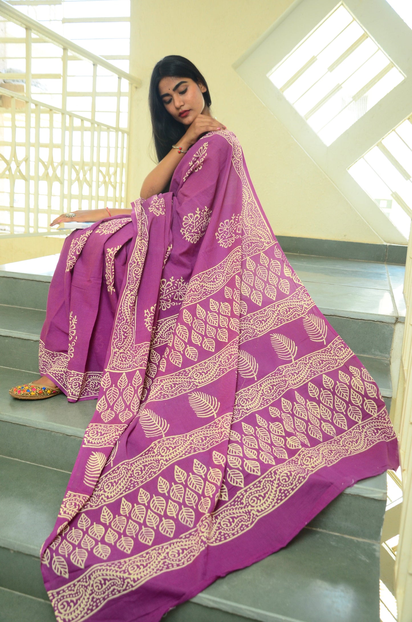 Poppins Collection - Purple Poppins Candy - Handblock Print Natural Dyed - Mulmul Cotton Saree