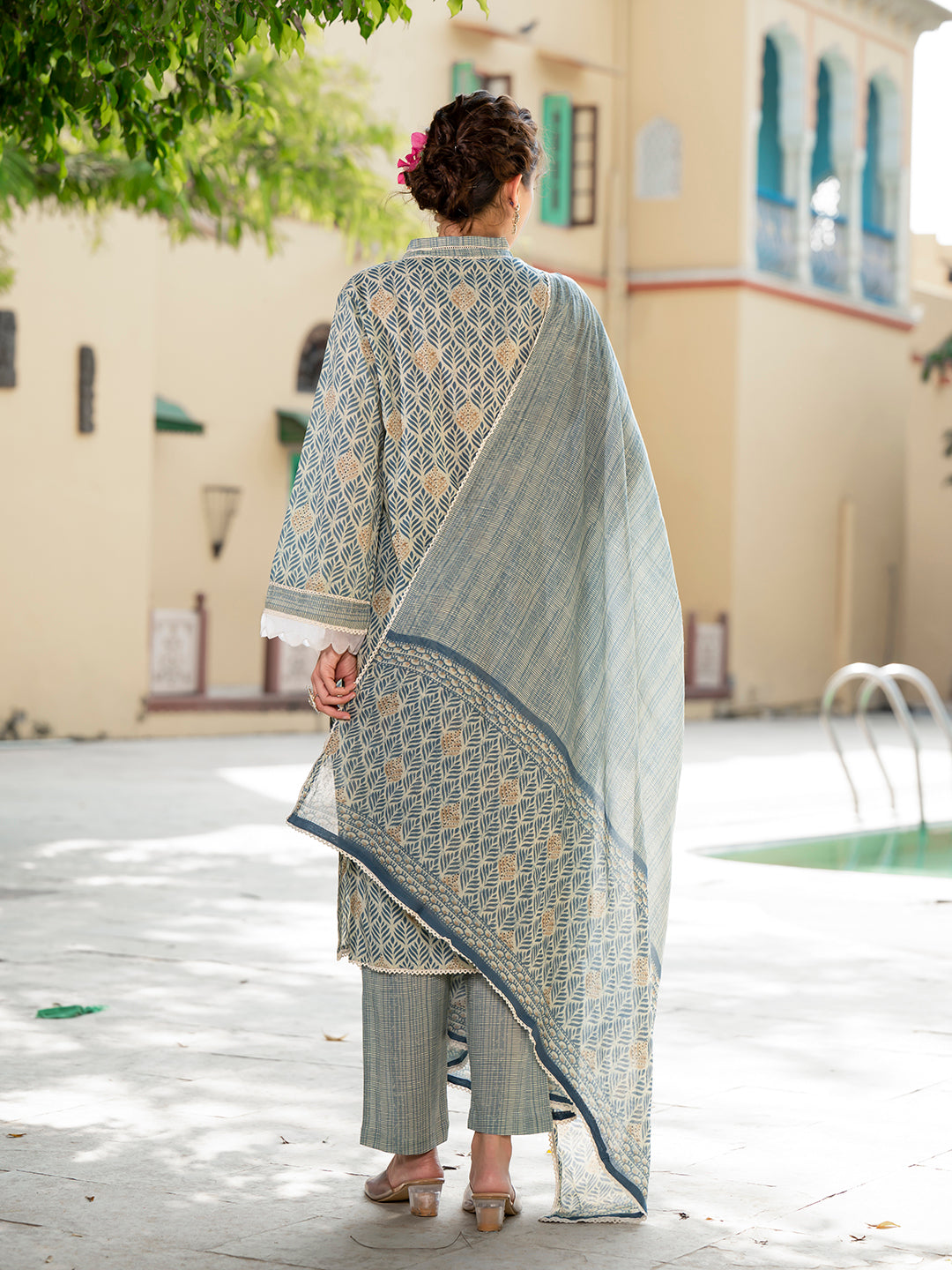 Grey Floral Print Pure Cotton Straight Kurta & Trouser with Dupatta