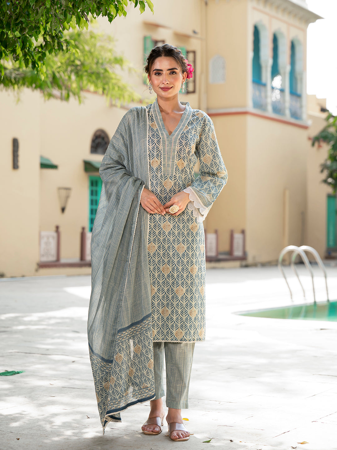 Grey Floral Print Pure Cotton Straight Kurta & Trouser with Dupatta