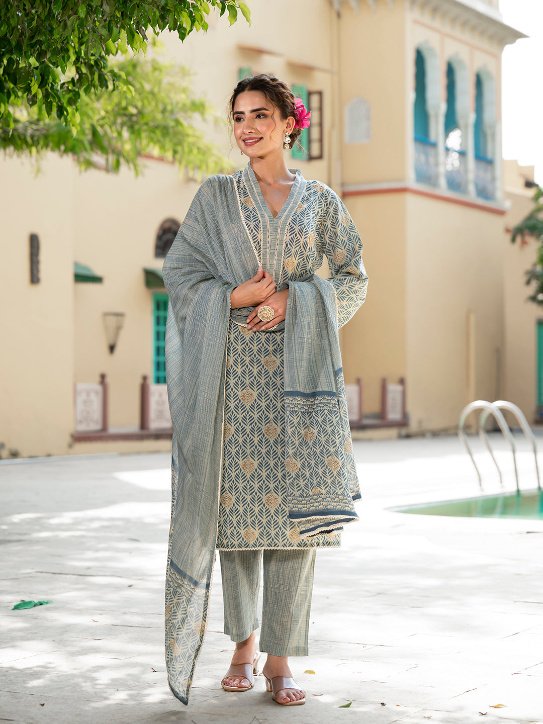 Grey Floral Print Pure Cotton Straight Kurta & Trouser with Dupatta