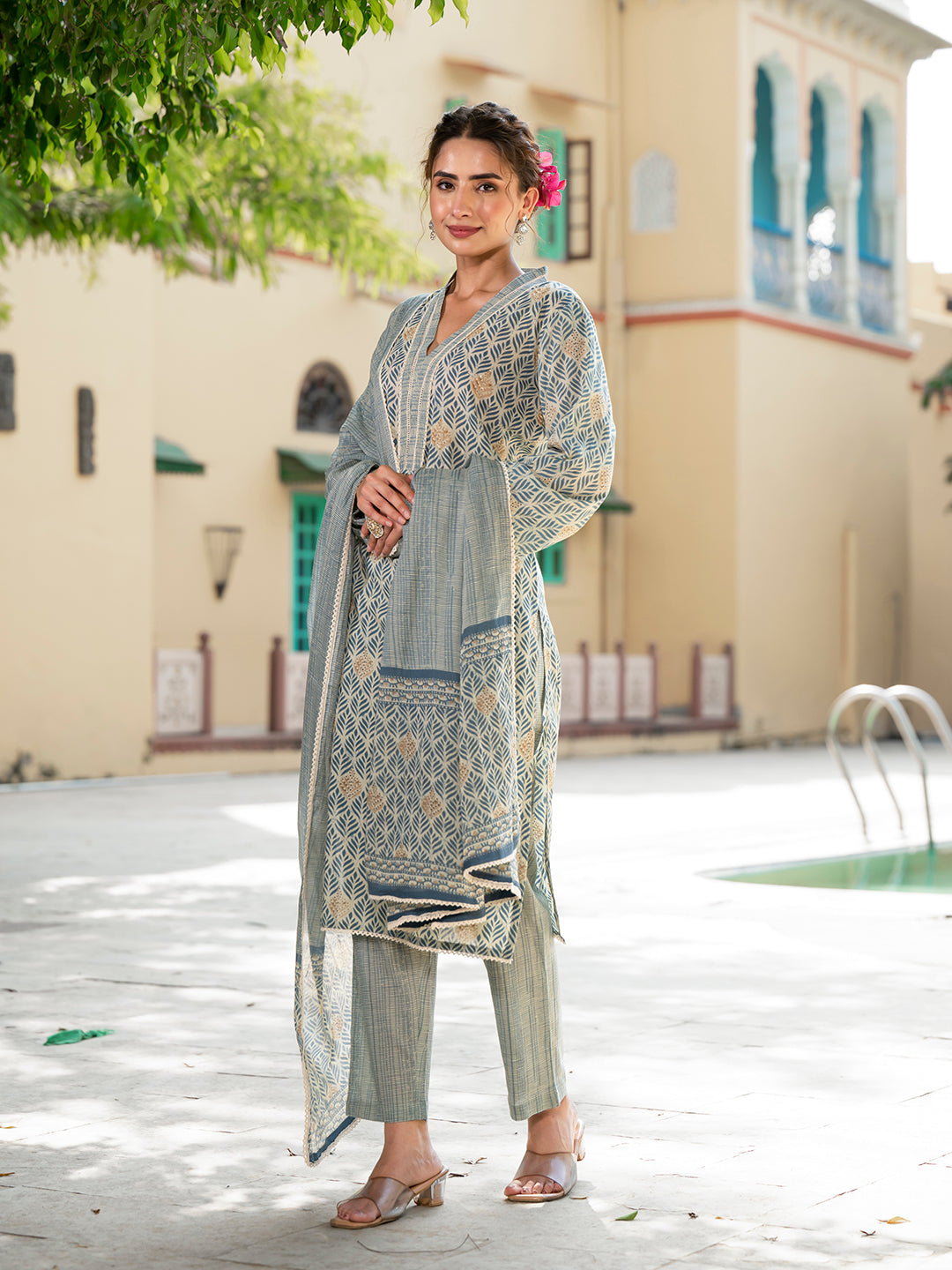 Grey Floral Print Pure Cotton Straight Kurta & Trouser with Dupatta