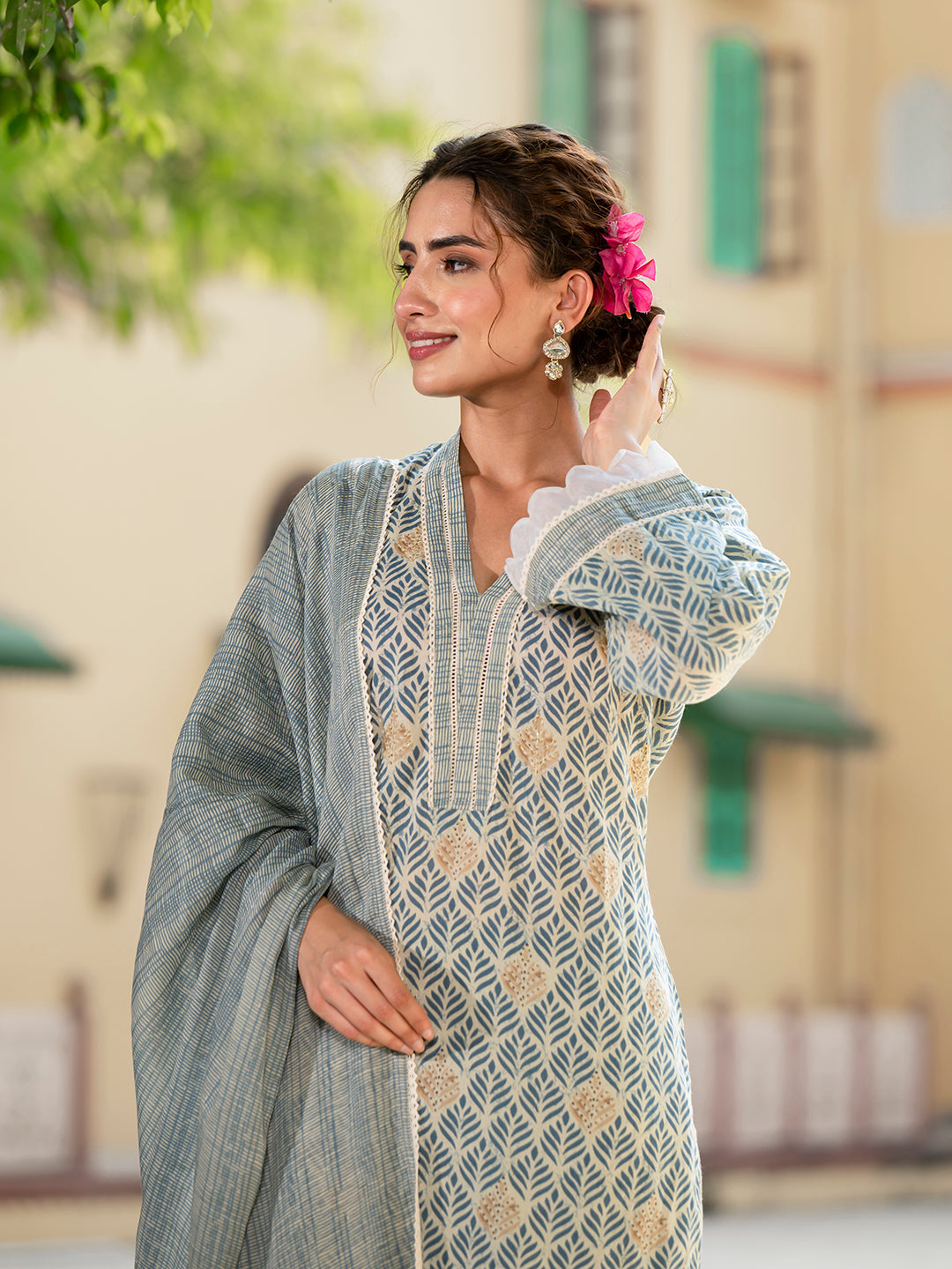 Grey Floral Print Pure Cotton Straight Kurta & Trouser with Dupatta