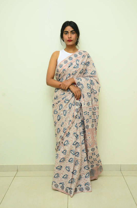 Splashes On The Beach - Handblock Print Natural Dyed - Mulmul Cotton Saree